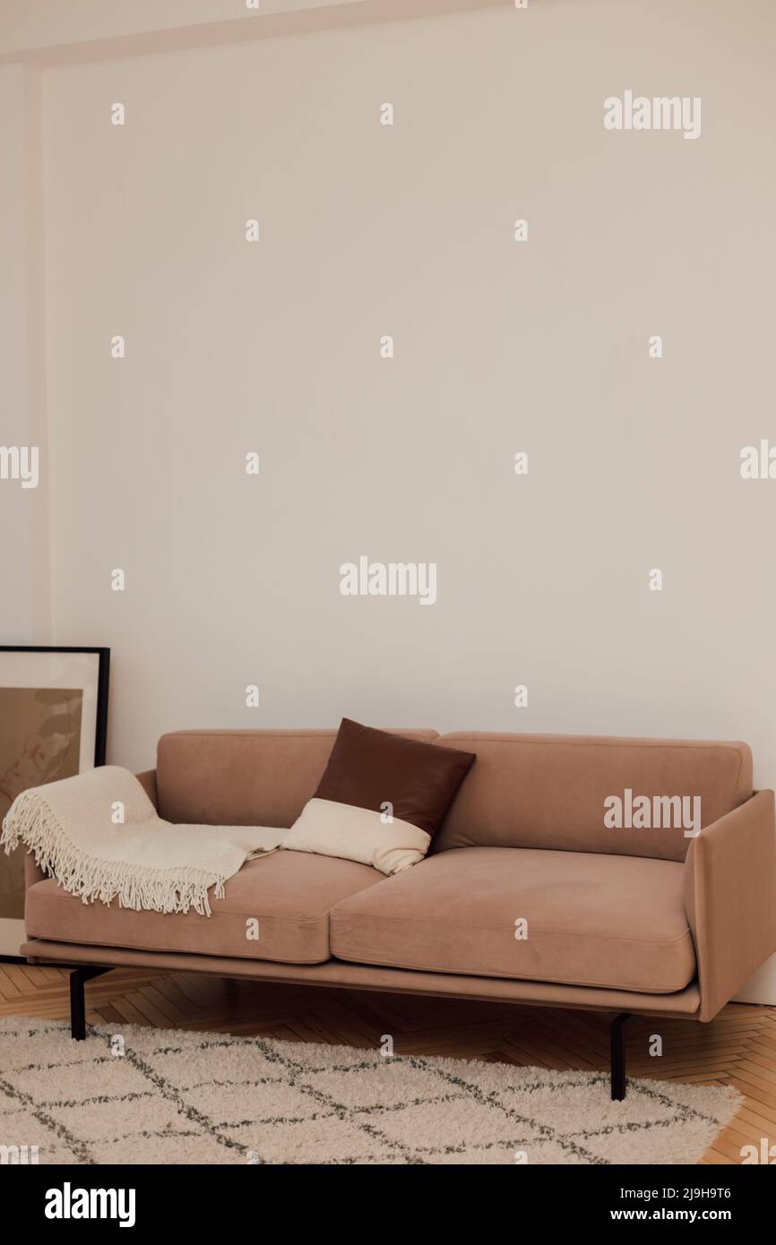 Ein beiges Sofa steht neben einer weißen Wand neben einer grünen Blume Stockfoto