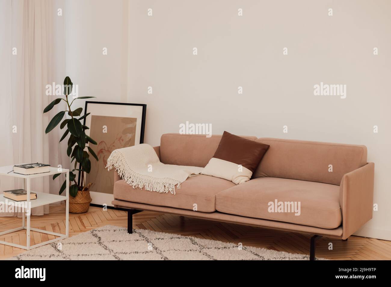 Ein beiges Sofa steht neben einer weißen Wand neben einer grünen Blume Stockfoto