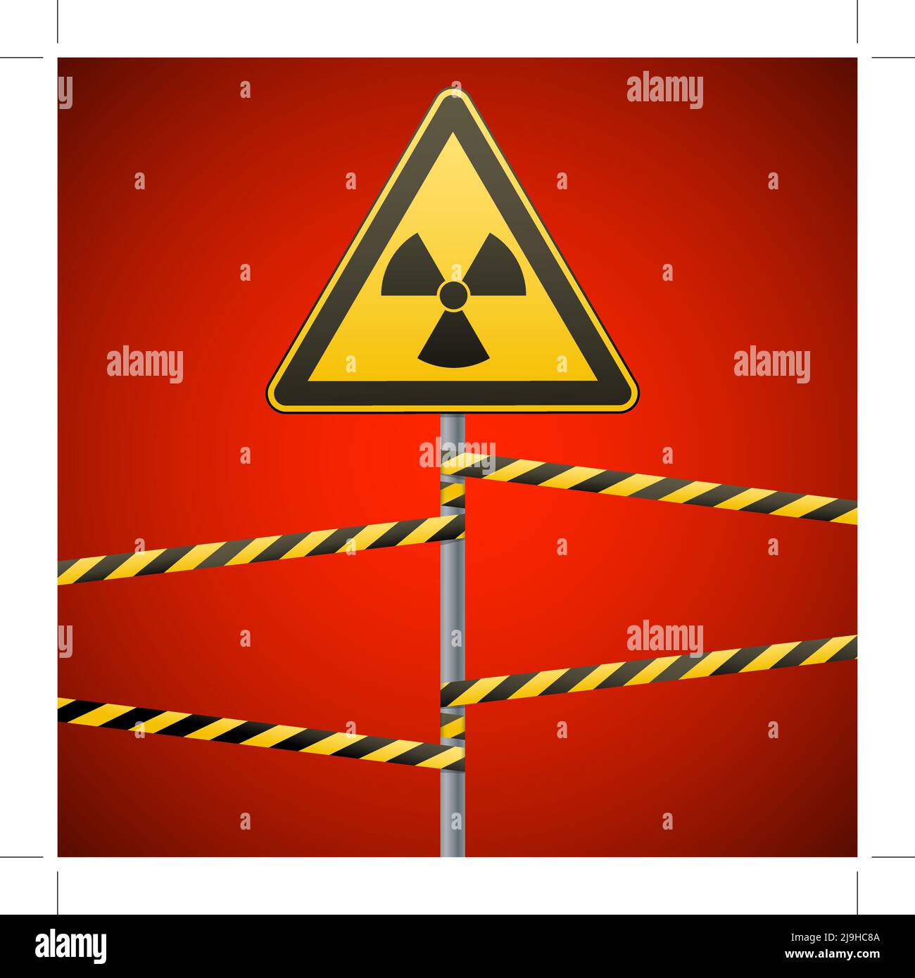 Warnschild an der Stange und an den Warnbändern. Zeichen von Strahlungsgefahren. Vektorgrafik. Stock Vektor