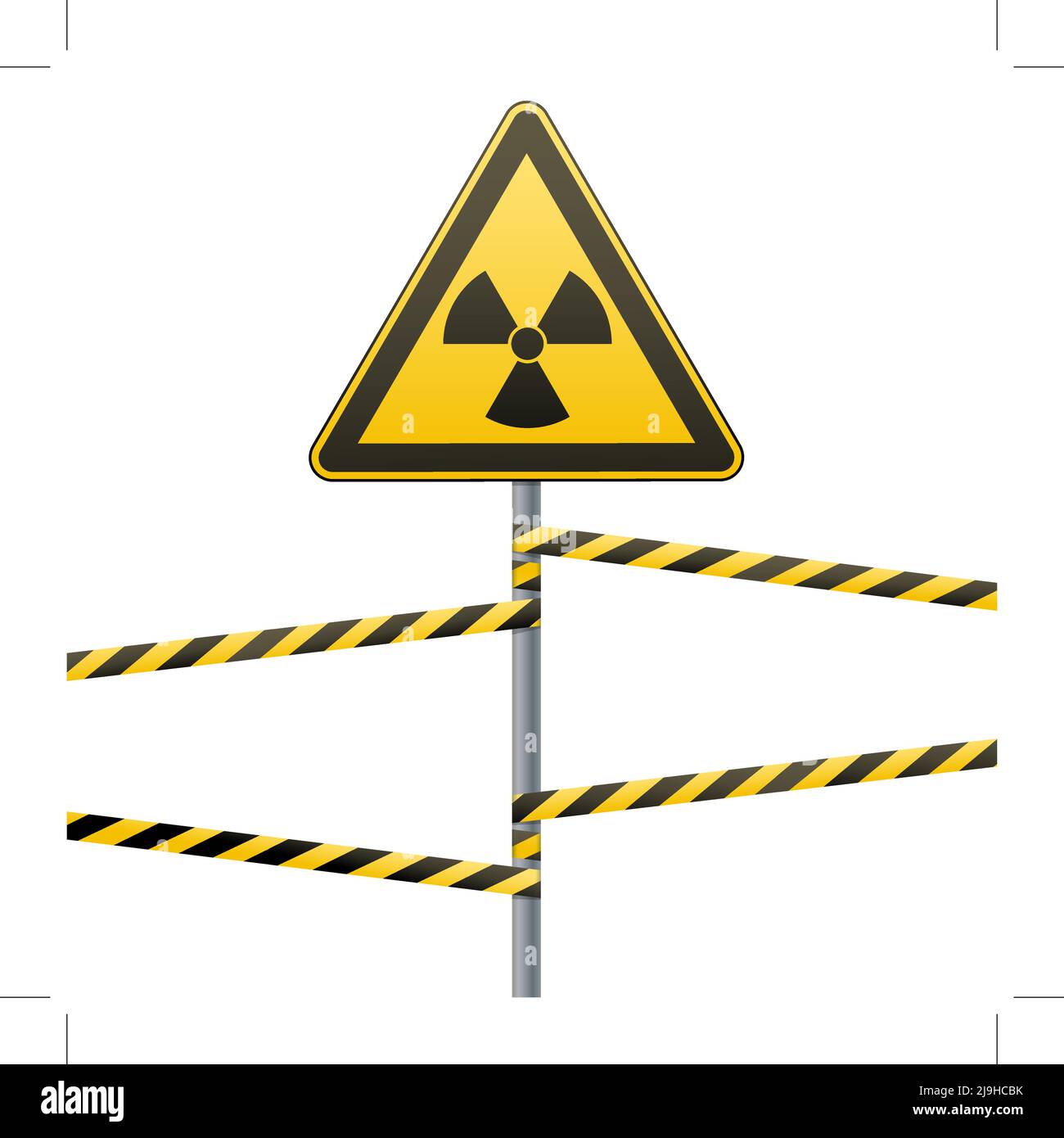 Warnschild an der Stange und an den Warnbändern. Zeichen von Strahlungsgefahren. Vektorgrafik. Stock Vektor