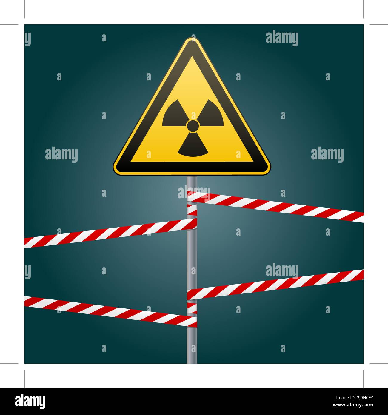 Warnschild an der Stange und an den Warnbändern. Zeichen von Strahlungsgefahren. Vektorgrafik. Stock Vektor