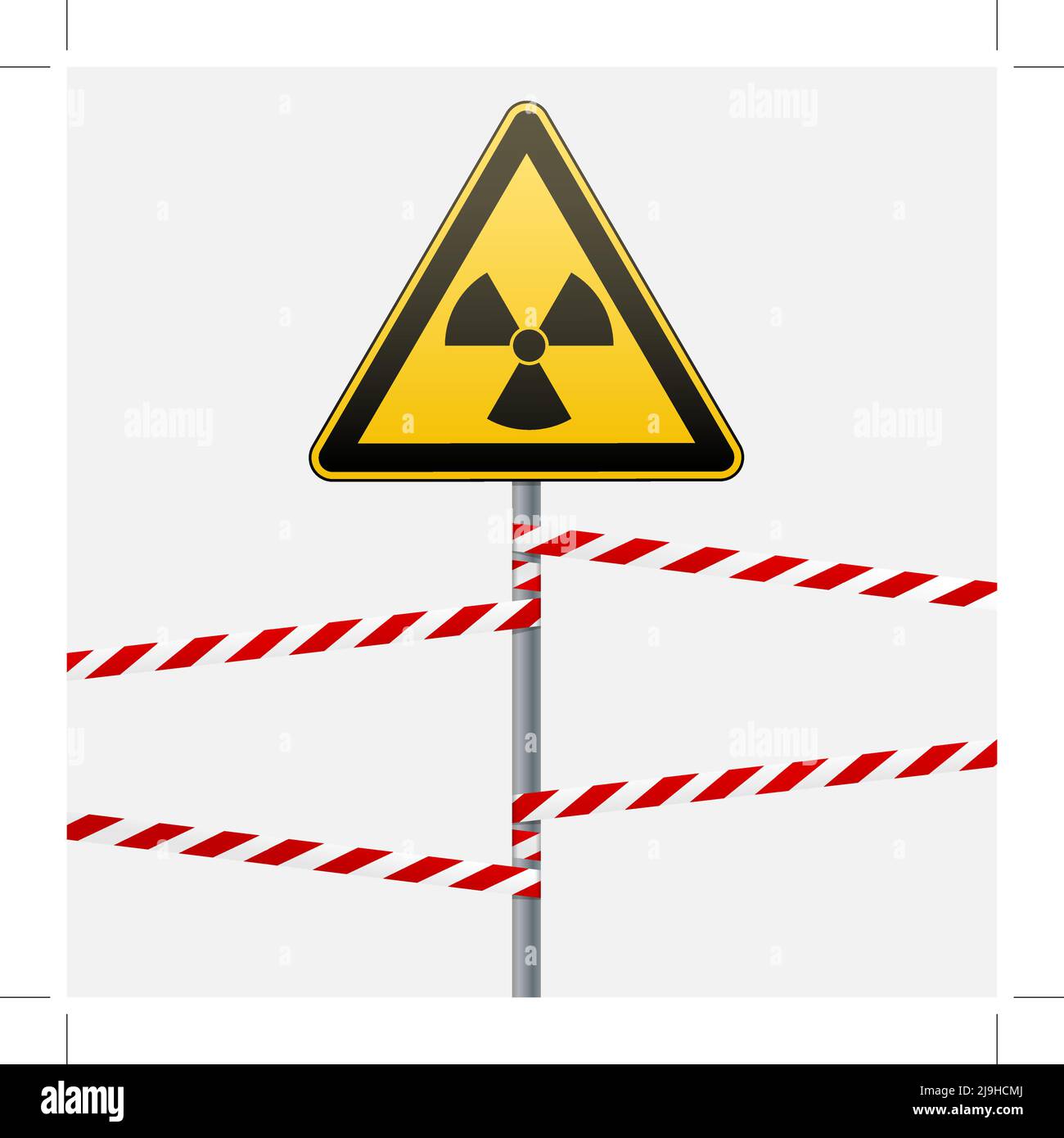 Warnschild an der Stange und an den Warnbändern. Zeichen von Strahlungsgefahren. Vektorgrafik. Stock Vektor