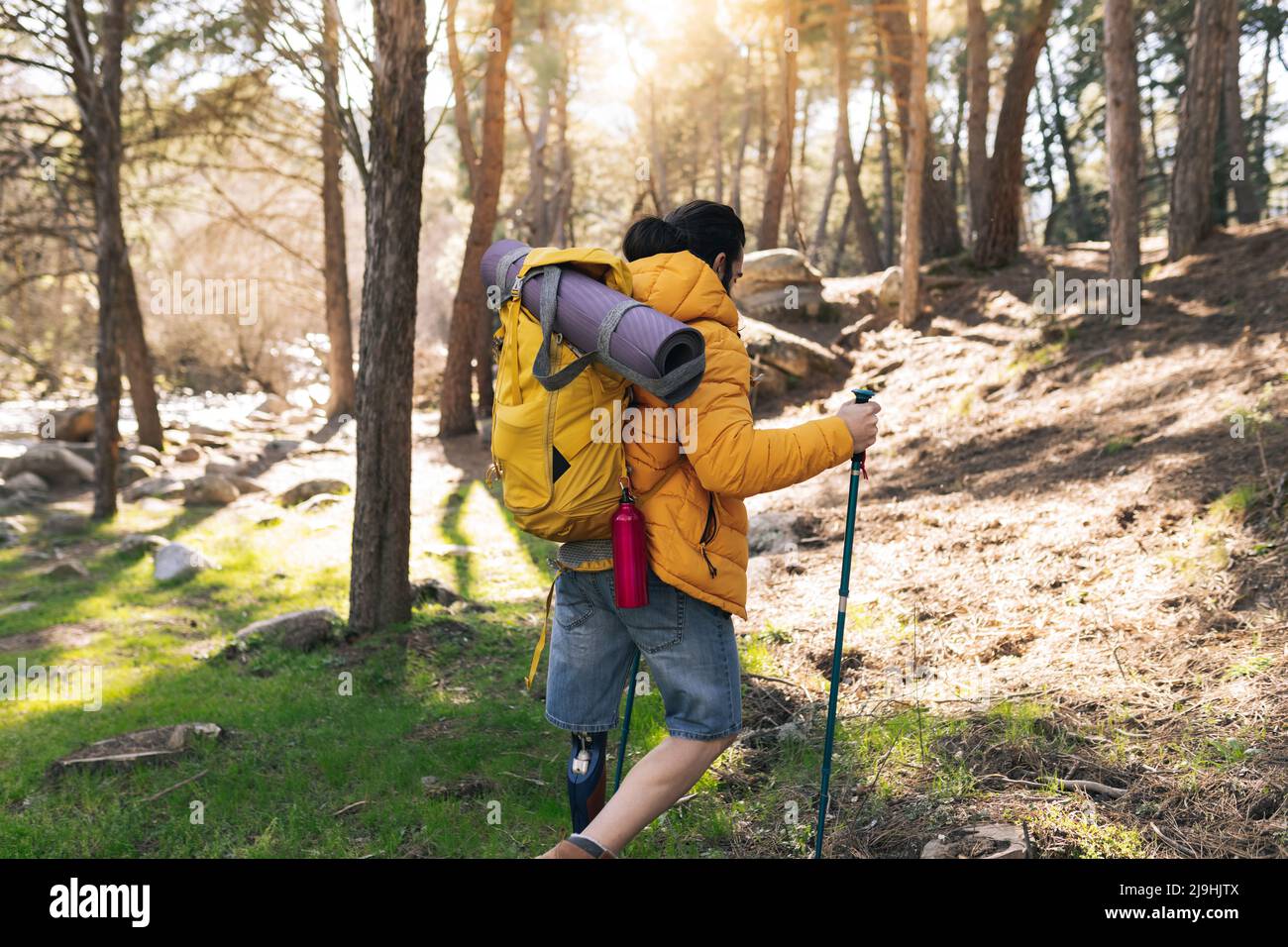 Behinderter Mann im Rucksack zu Fuß mit Wanderstöcken Trekking im Wald Stockfoto