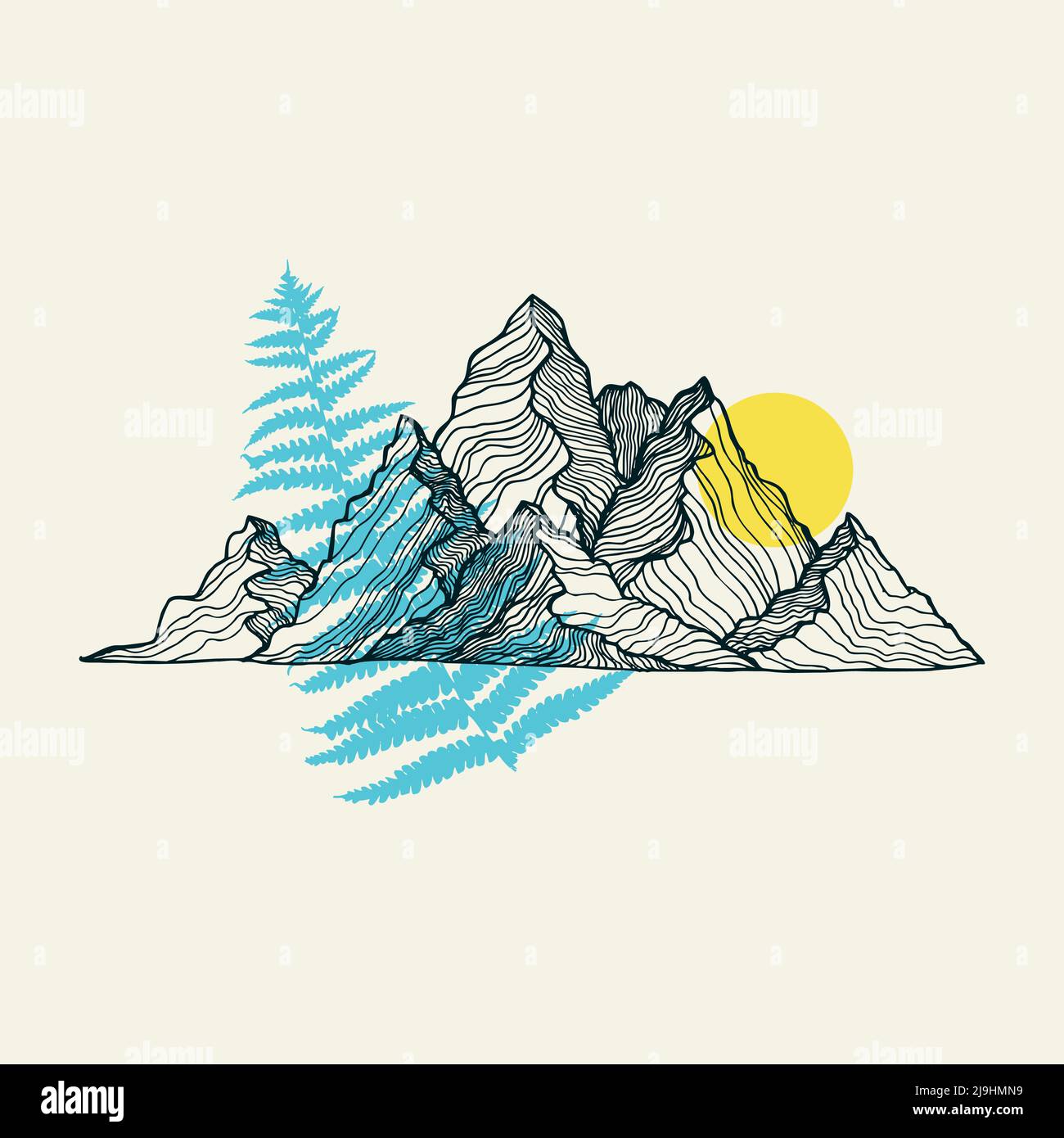 Vektorgrafik für Berge, Sonne und Farnlinie. Vektor-Illustration für Textildrucke, Karten, Design, Logo. Stock Vektor