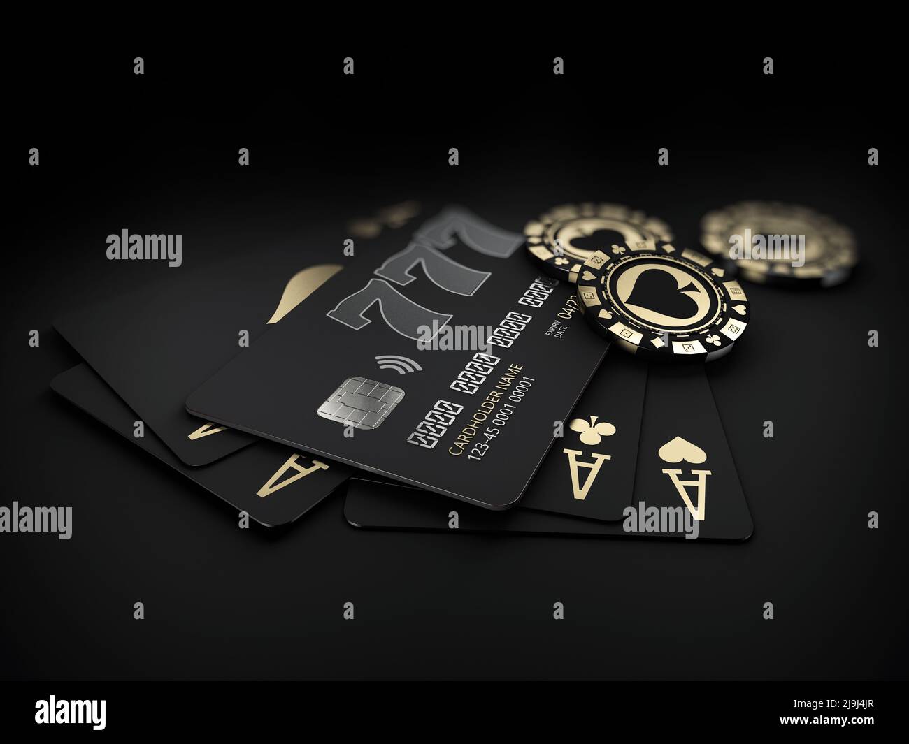 3D Rendering von Casino-Goldchips und schwarzen Spielkarten mit Bankkarte Stockfoto