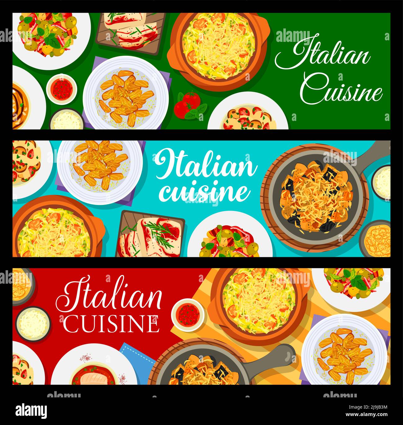 Italienische Küche Speisekarte Banner, Vektor Italien Restaurant Pasta und Salate. Traditionelles italienisches Café und Küche Essen Gerichte Hintergrund, europäische mediterrane Küche Abendessen und Mittagessen Gerichte auf dem Tisch Stock Vektor