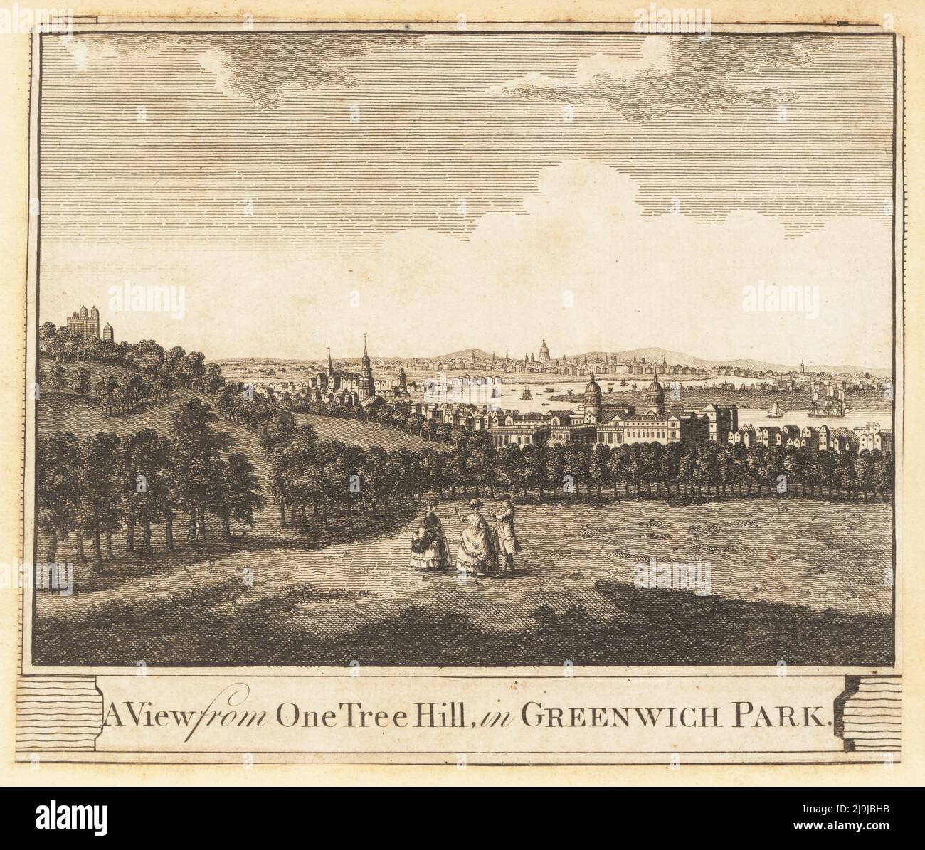 Blick auf Greenwich und die Themse, 1784. Flamsteed House, Royal Observatory, St. Alfrege Church, Royal Hospital (jetzt Royal Naval College), Wald und Hirschpark. Die Themse und die St. Paul's Cathedral im Hintergrund. Ein Blick von One Tree Hill im Greenwich Park. Kupferstich aus William Thornton’s New, Complete and Universal History of the City of London, Alexander Hogg, King's Arms, No. 16 Pamernoster Row, London, 1784. Stockfoto