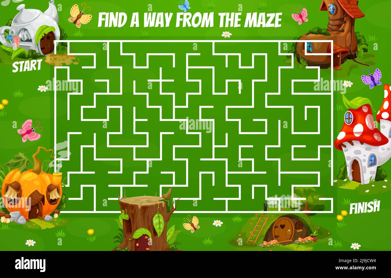 Labyrinth Labyrinth mit Pilz-, Teekannen-, Stumpf-, Stiefel- und Kürbishäusern. Cartoon-Vektor-Brettspiel Arbeitsblatt für Kinder Erholung, Brettspiel mit Pfad, Start und Ziel, pädagogische Kinder Rätsel Aufgabe Stock Vektor