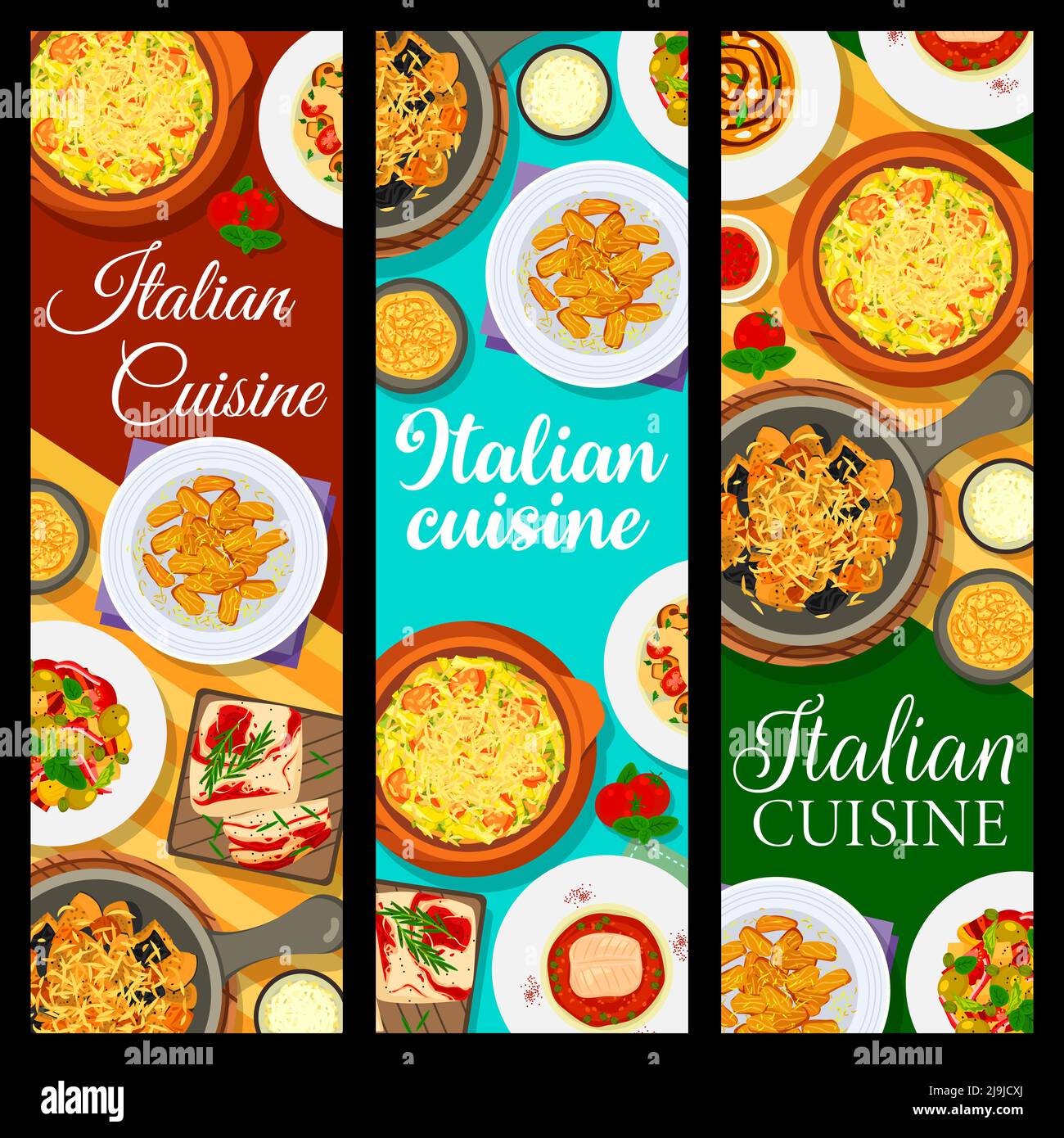 Italienische Küche-Menü Banner, Italien Restaurant Essen Pasta, Salate und Suppe. Italienische Küche und traditionelle mediterrane Abendessen mit sizilianischen Mittagessen Mahlzeiten mit Fisch, Käse und Kartoffeln Stock Vektor