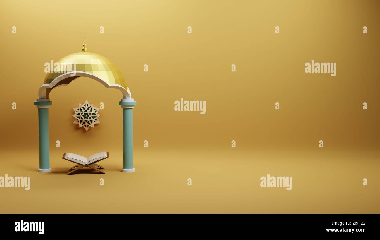 3D Illustration des islamischen Social-Media-Hintergrundes der goldenen Kuppel und Dekoration der Moschee-Tür. Stockfoto
