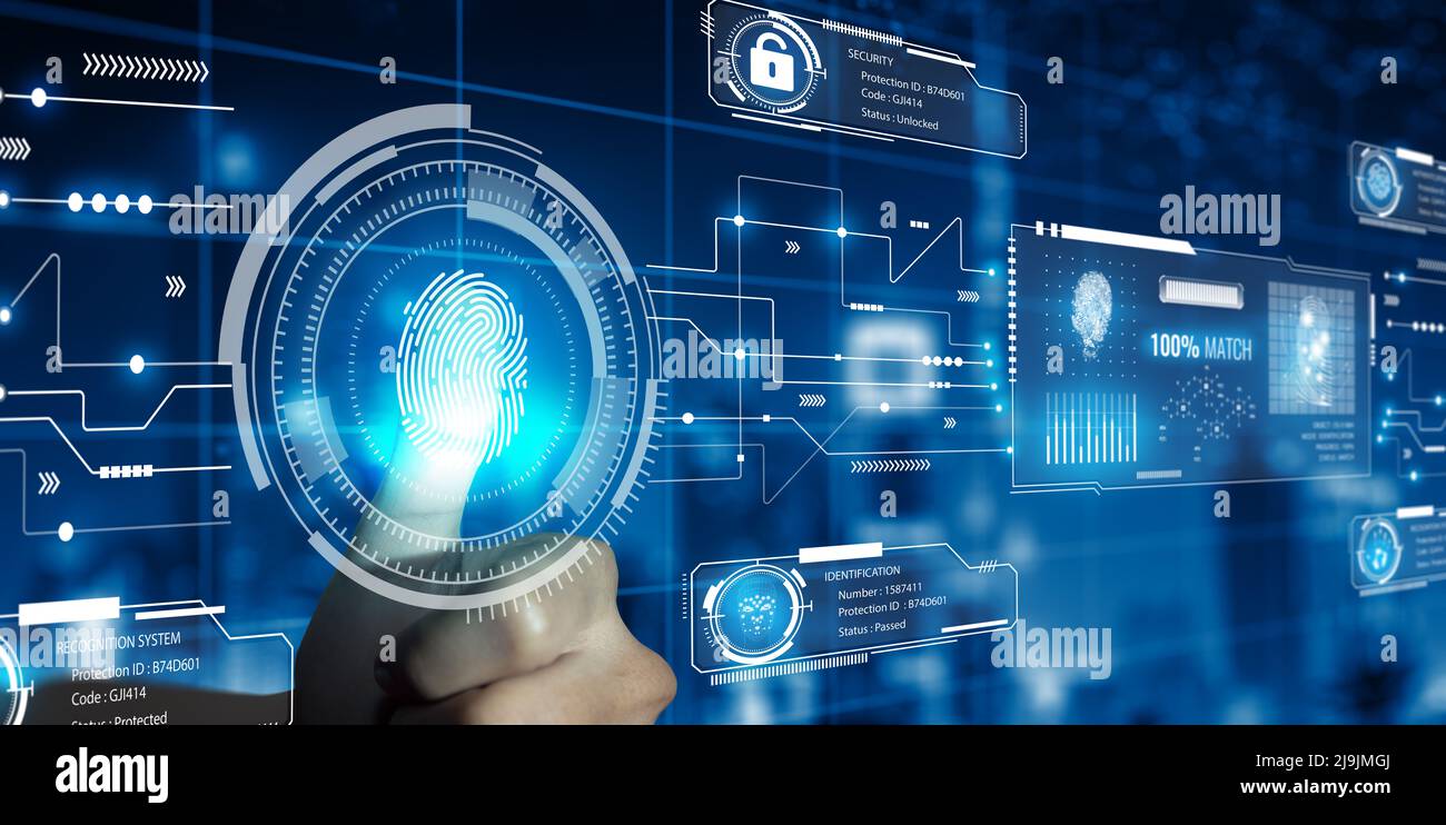 Geschäftsmann, der Fingerabdruck-Technologie-Scan verwendet, bietet Sicherheitszugriff. Fortschrittliche technologische Verifizierung Zukunft und kybernetisch. Biometrie. Stockfoto