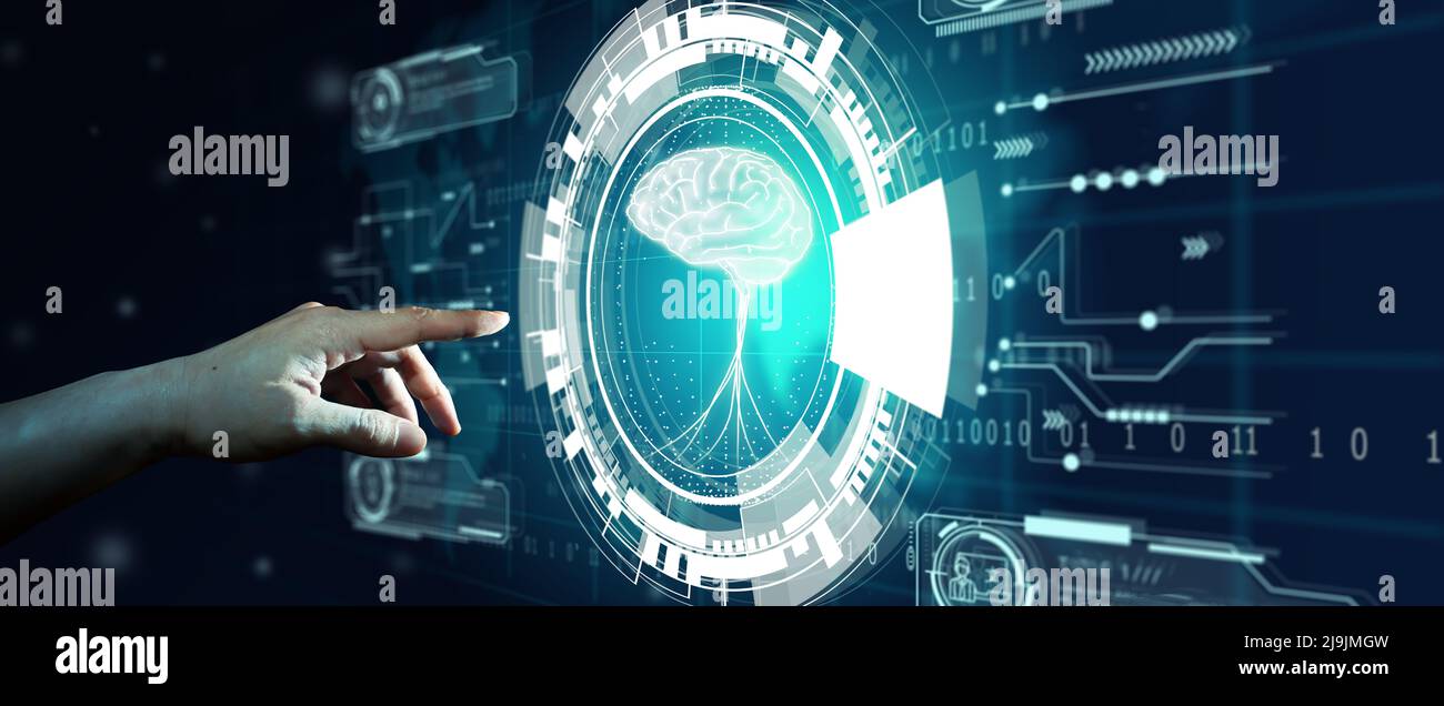 Hand des Geschäftsmannes berühren Hologramm Bildschirm mit Weltkarte Hintergrund. NLP Natural Language Processing Kognition Computing Technologie Konzept. Stockfoto
