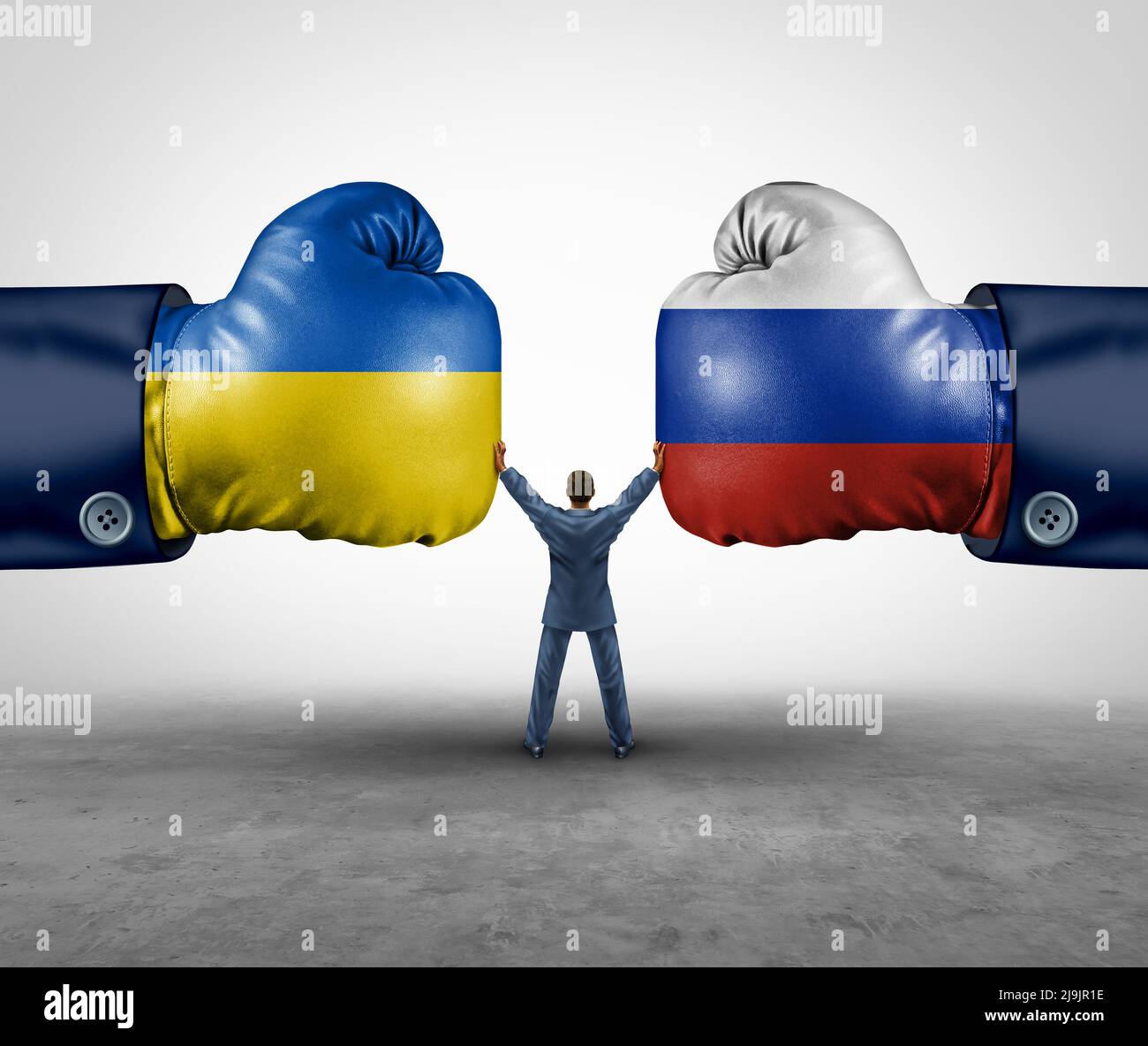 Russland und die Ukraine Vermittlung zwischen der ukrainischen und russischen Nation als ein europäisches Sicherheitskonzept aufgrund politischer Auseinandersetzungen und Feststellung. Stockfoto