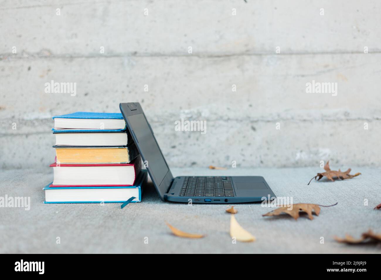 Bücher, die gegen einen Laptop gestapelt wurden, mit herumgefallten Blättern. Bildungsinsimage für die Online-Schule. Stockfoto