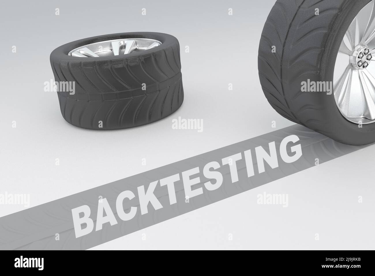 Backtesting analytisches konzeptionelles Bild von 3D gerenderten Rädern mit Reifen und Schild über dunkler Spur mit Bremsweg auf grauem Hintergrund Stockfoto