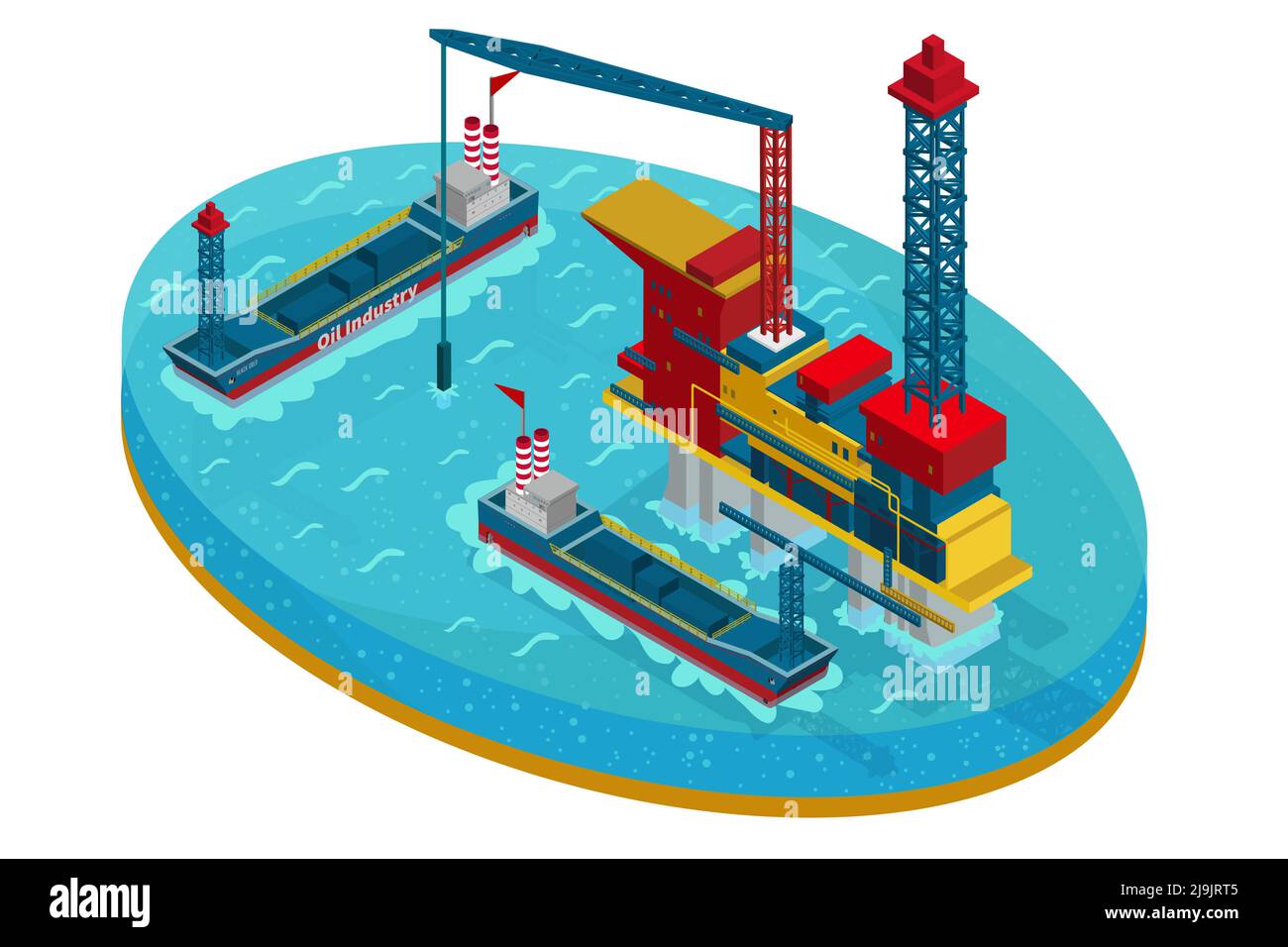Isometrische Ölförderung im Seekonzept mit Wasserplattform und Schiffe für den Erdöltransport isolierte Vektordarstellung Stock Vektor