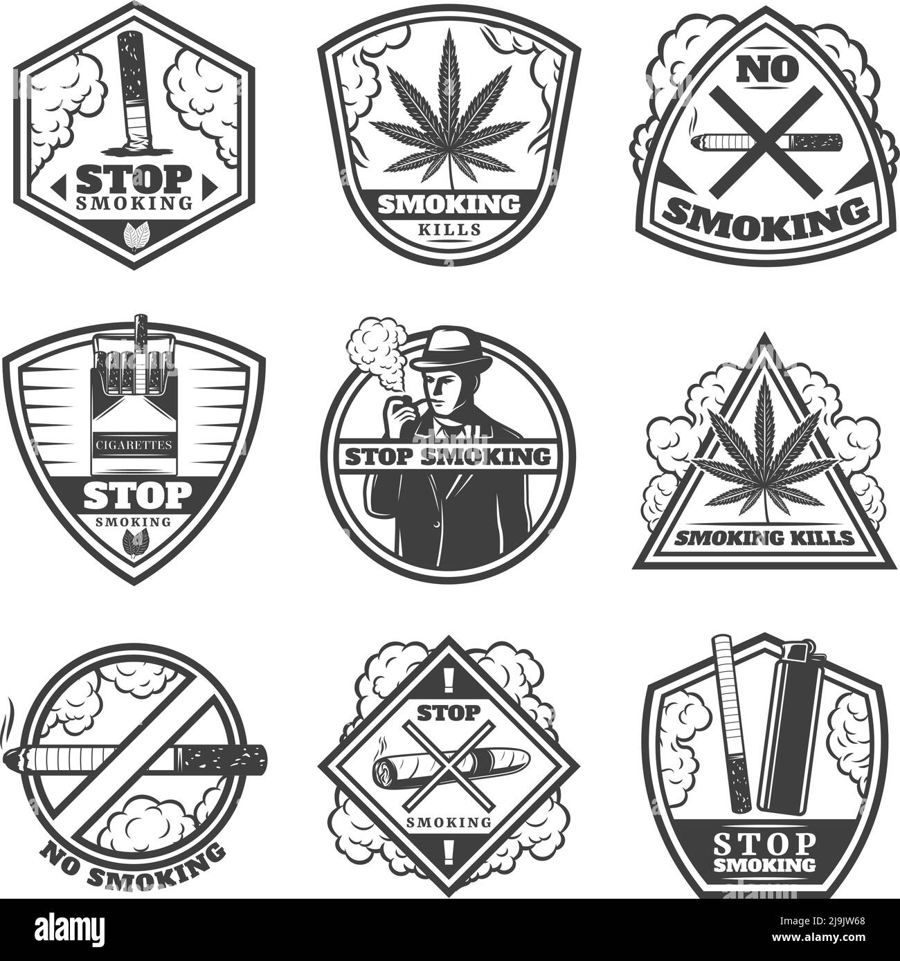 Vintage Stop Smoke Labels Set mit Gentleman Zigaretten Shisha Pfeifen Passt leichter Zigarren Tabak Blätter isoliert Vektor-Illustration Stock Vektor
