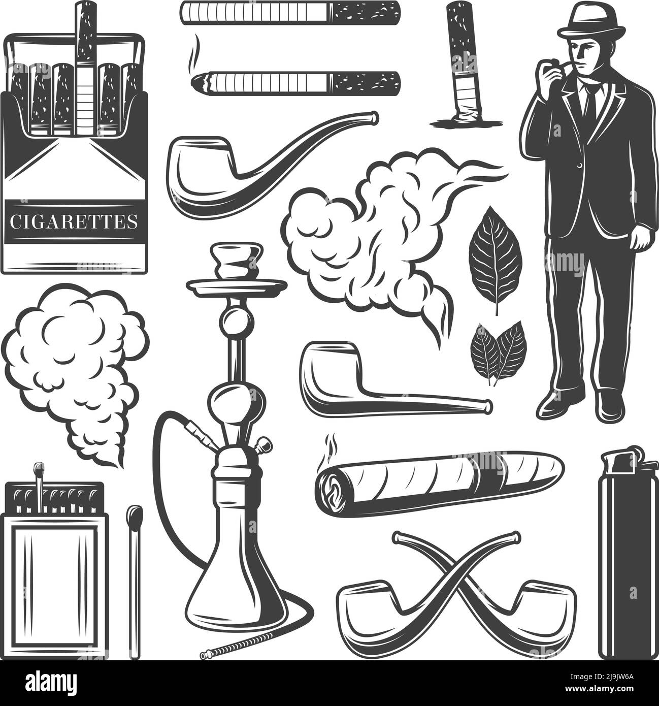 Vintage Smoking Elements Kollektion mit Zigaretten Gentleman Shisha Pfeifen Streichhölzer Zigarettenanzünder Tabak Blätter isoliert Vektor-Illustration Stock Vektor
