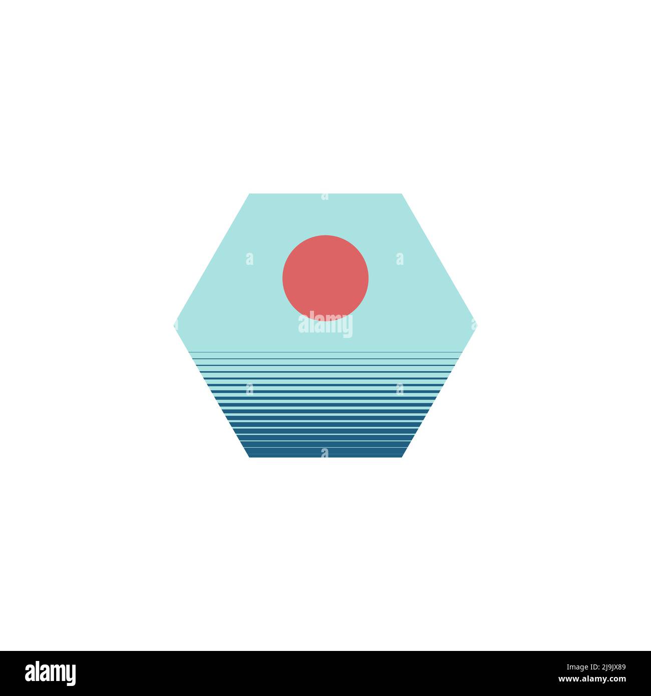 Retro-Sonnenuntergang, Meer und Sonne. Sommerlogo im Vintage-Stil oder Ikonen-Design. Vektorgrafik Stock Vektor
