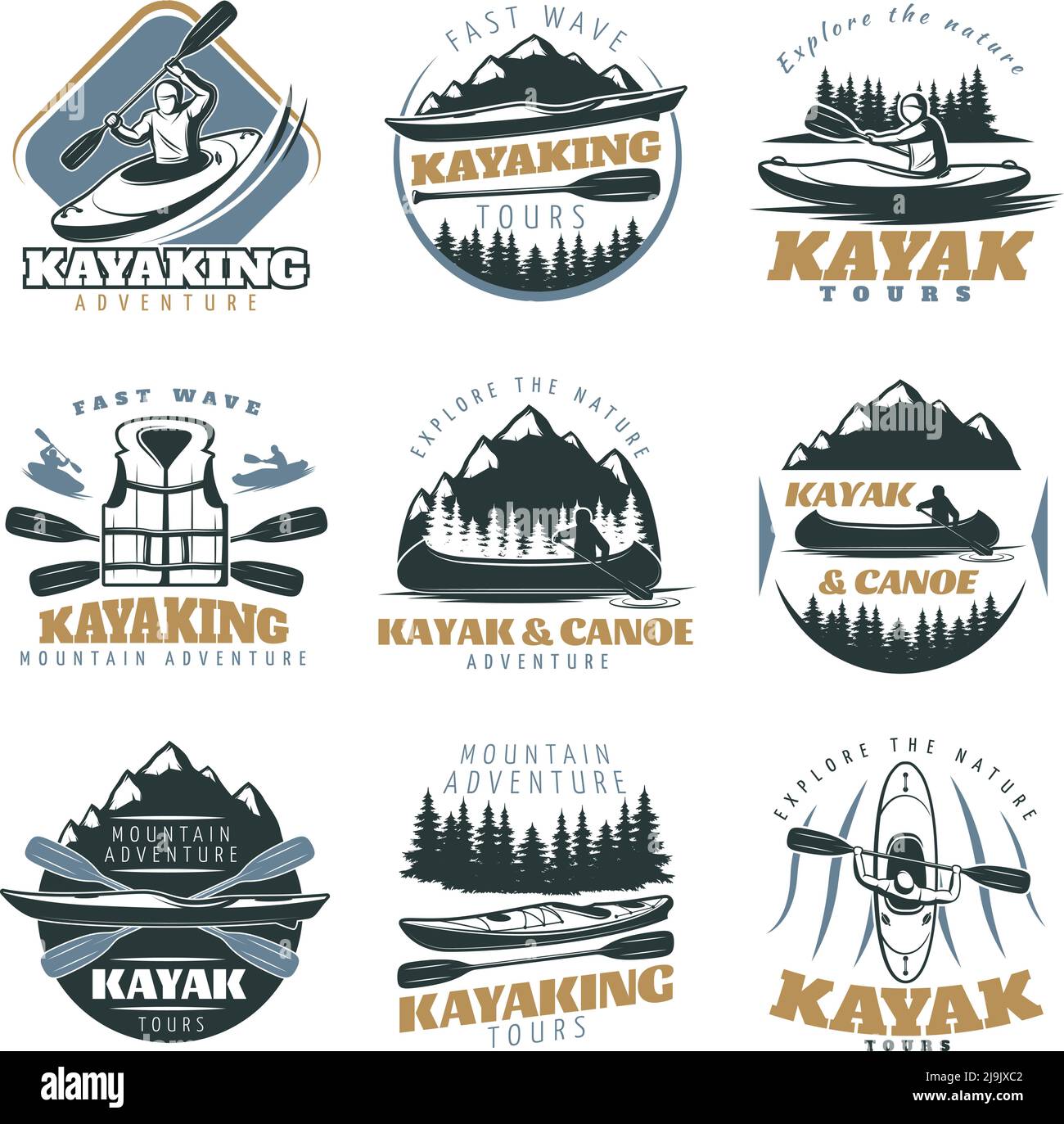 Neun isolierte bunte Embleme mit Kajak und Kanu Berg gesetzt Touren mit Abenteuer Touren Retro Symbole Vektor Illustration Stock Vektor