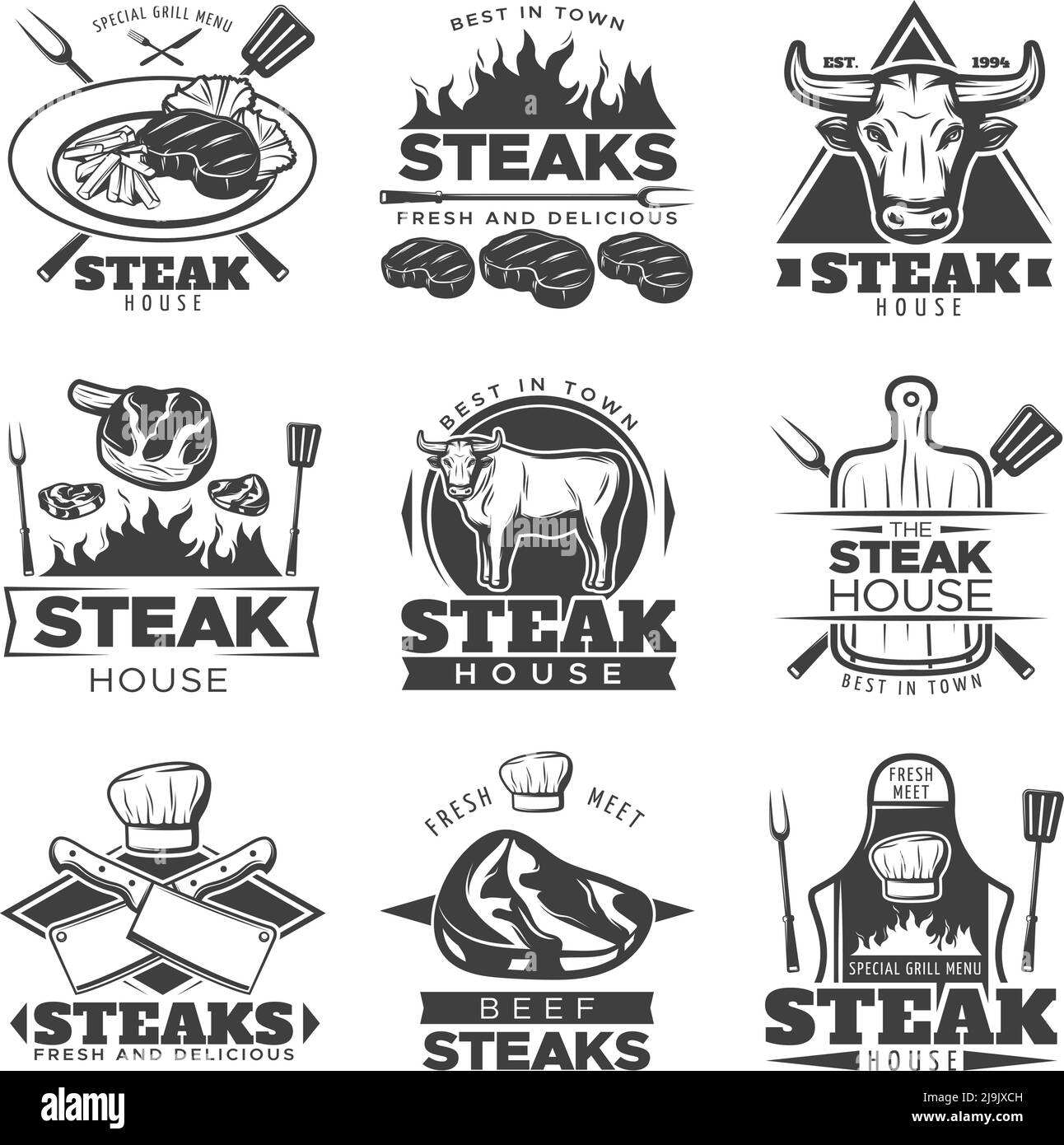 Schwarzes isoliertes Vintage Steak Label Set mit Steak House Best In der Stadt frisch und lecker und frisches Fleisch Beschreibungen Vektor Abbildung Stock Vektor