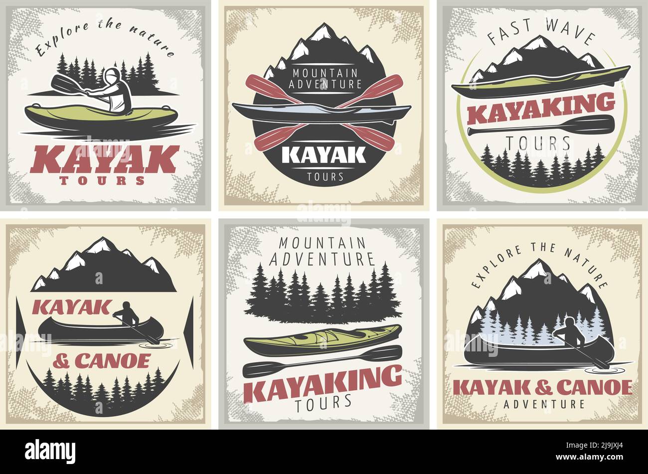 Set von sechs Kanoe und Kajak quadratischen Etiketten mit Wald Berg Abenteuer Symbole Silhouetten und Bildunterschriften Vektor-Illustration Stock Vektor