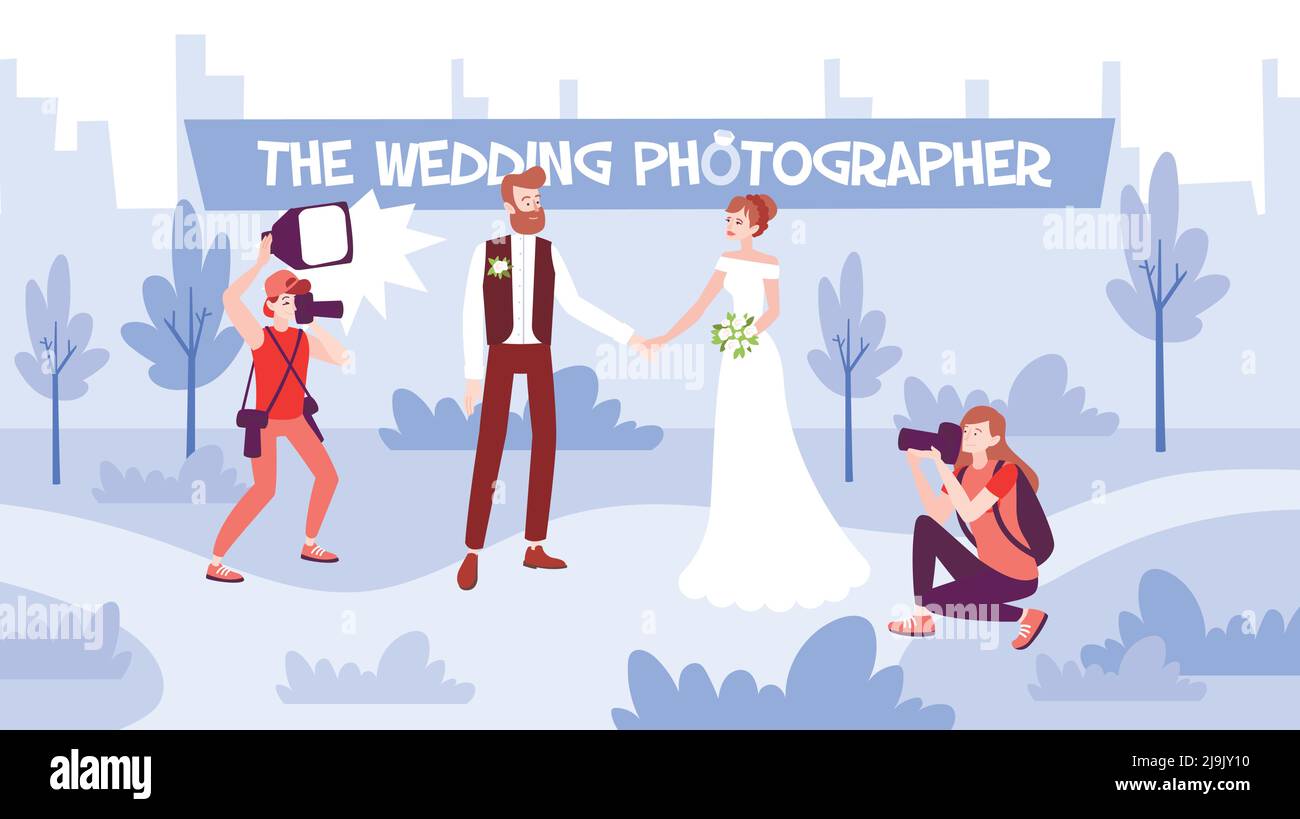 Hochzeit Fotosession flache Komposition mit Braut und Bräutigam im Freien und zwei Fotografen mit professioneller Ausrüstung Vektor Illustration Stock Vektor