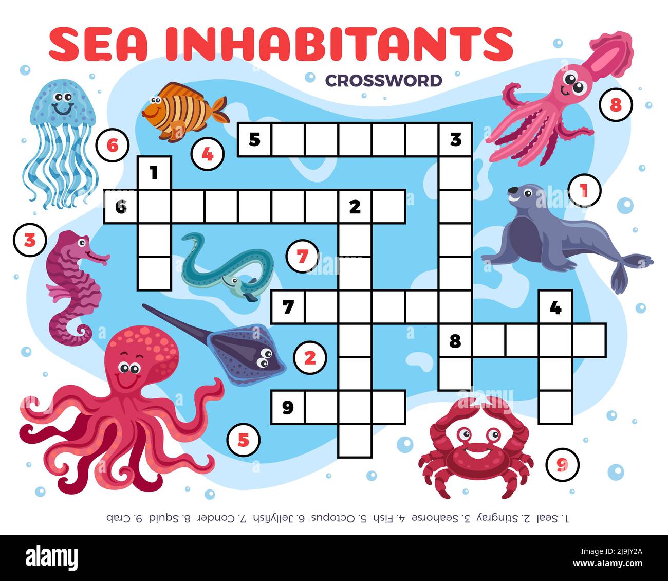Seebewohner lustige Kreuzworträtsel-Komposition mit editierbaren Textziffern und Bildern von Fischen und Meerestieren Vektordarstellung Stock Vektor