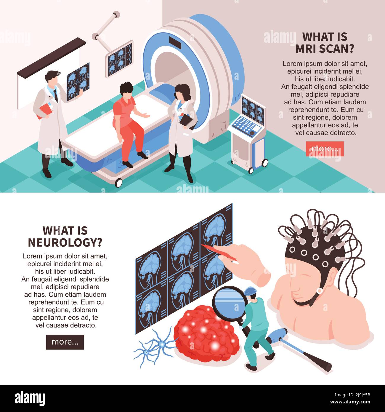 Website des neurologischen Zentrums 2 isometrische horizontale Banner mit mrt-Untersuchung Test- und Hirnforschung Info Vektordarstellung Stock Vektor