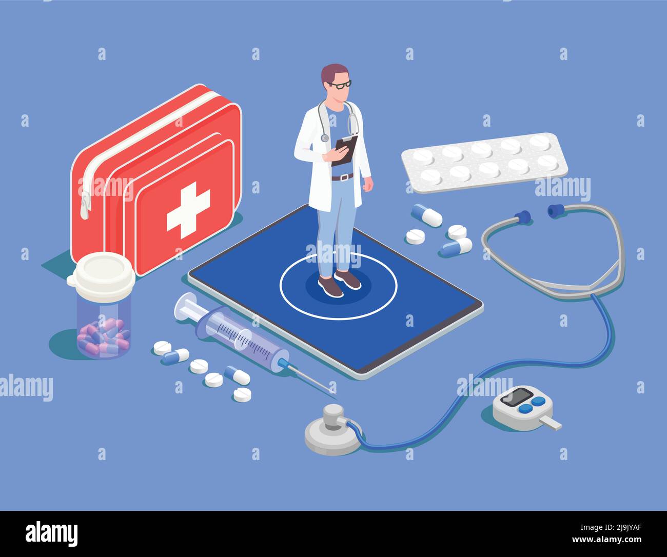 Telemedizinische digitale Gesundheit isometrische Zusammensetzung mit Medikationsbildern von Pillen Und Drogen mit dem Charakter der Arzt Vektor Illustration Stock Vektor