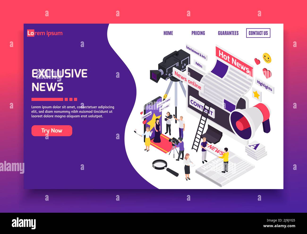 Journalistis reporters News media isometrisches Banner oder Landing Page mit exklusiven News-Links und probieren Sie jetzt Button-Vektor-Illustration Stock Vektor