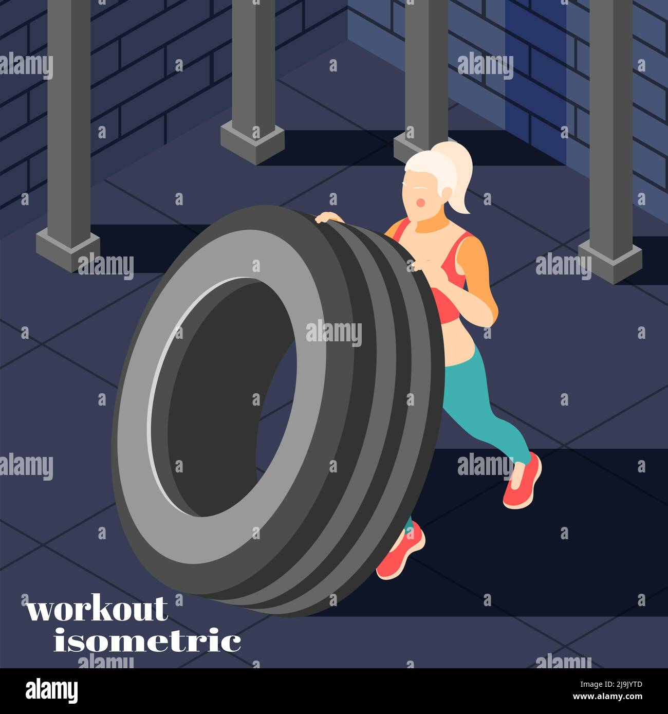 Hohe Intensität effektives Workout Fitness-Training isometrische Zusammensetzung mit Frau Reifen Spiegeln Gebäude Muskeln Übungen Vektor-Illustration Stock Vektor