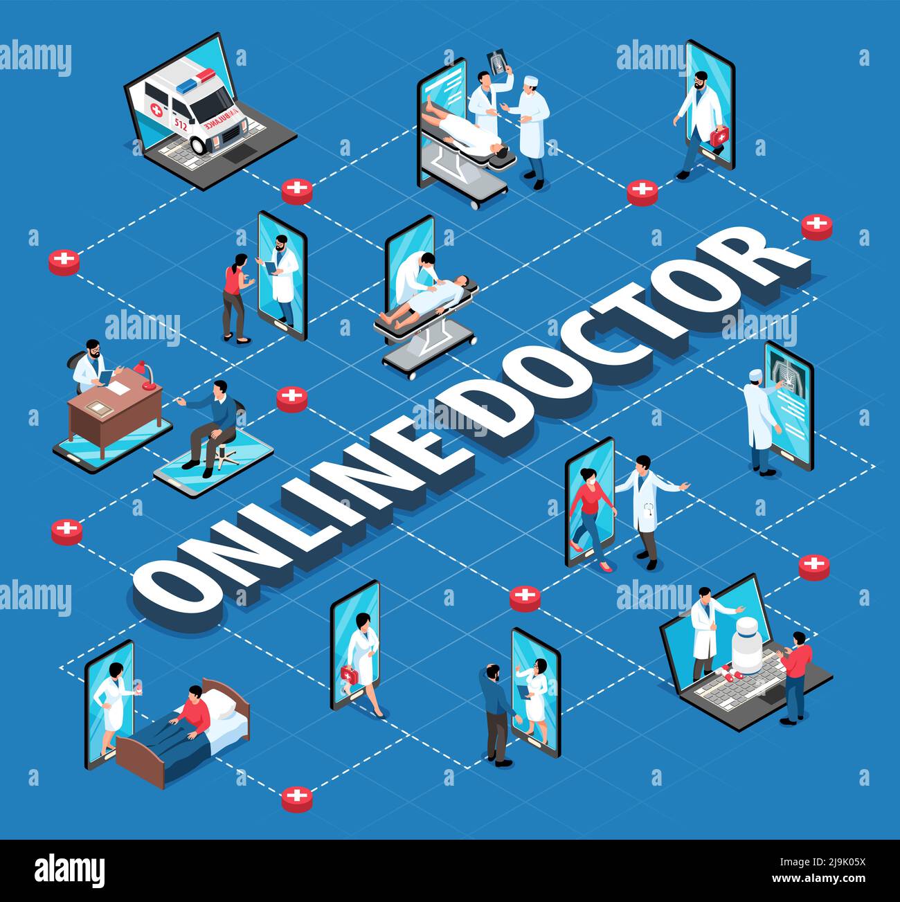 Isometrische Online-Medizin Flussdiagramm Zusammensetzung mit elektronischen Gadgets menschliche Charaktere Von Ärzten und Patienten mit Textvektordarstellung Stock Vektor