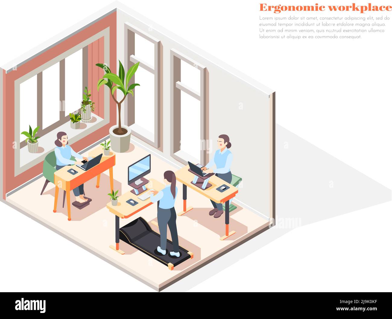 Moderne Büroausstattung mit ergonomischen Sitz- und Standarbeitsplätzen Und drei Mitarbeiter isometrische Vektordarstellung Stock Vektor
