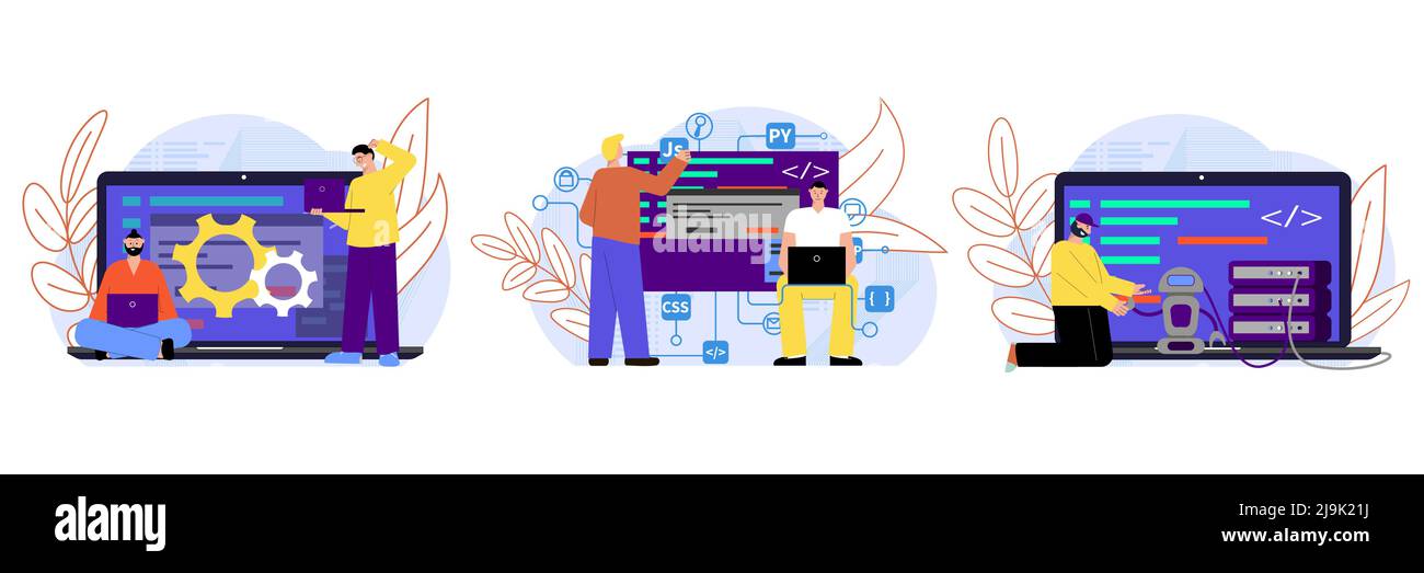 IT-Spezialist Satz von isolierten Kompositionen mit Flachbildschirm-Computer-Bildschirme Verbindungssymbole und Doodle menschliche Zeichen Vektordarstellung Stock Vektor