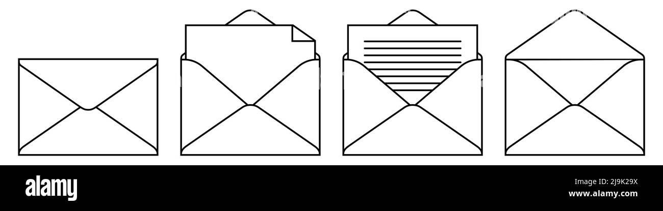 Vektorgrafik für Mail-Websymbol festgelegt. E-Mails, Briefe oder Dokumente in einem weißen Umschlag, der auf dem Hintergrund isoliert ist. Stock Vektor