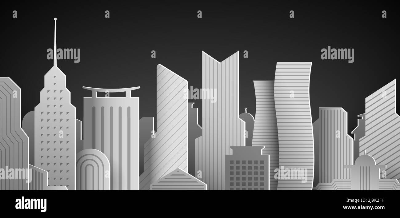 Moderne Skyline der Stadt mit Wolkenkratzern, architektonisch weißem Papier Dummy realistischen Vektor-Hintergrund. Stock Vektor
