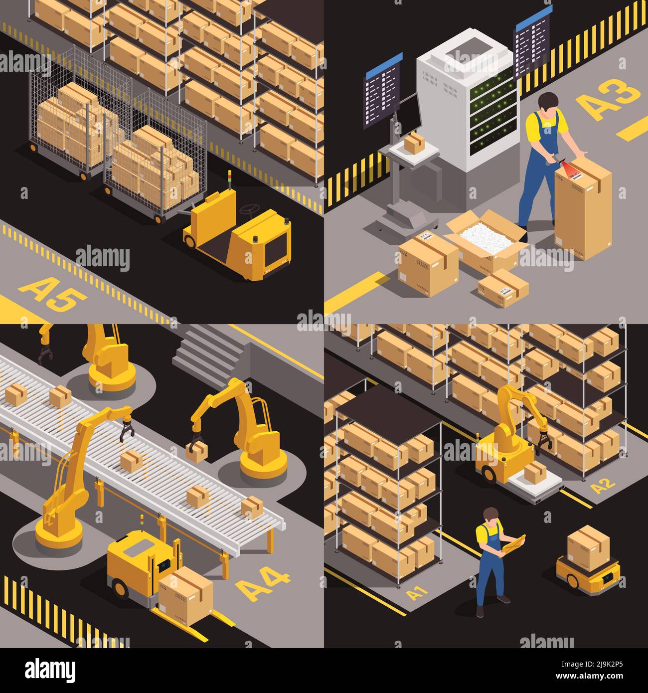 Modernes Lagerkonzept 4 isometrische Zusammensetzungen mit vollautomatischem Roboter Transportband, in dem isolierte Vektorgrafik gespeichert wird Stock Vektor