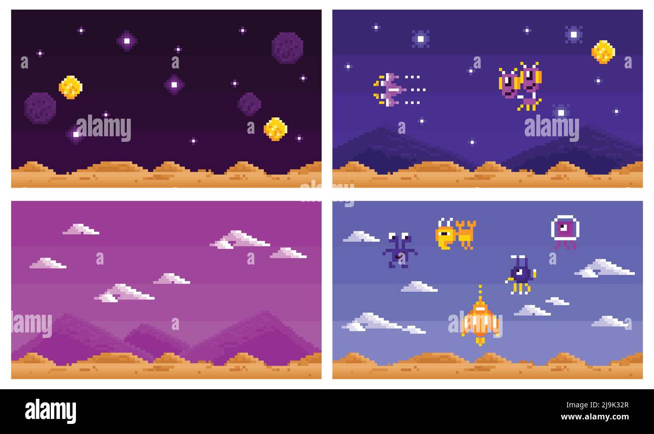 Arcade-Computerspiel-Set aus vier horizontalen Kompositionen mit 8 Bit Außerirdische Landschaften für Weltraumkampf Spiel Vektor Illustration Stock Vektor