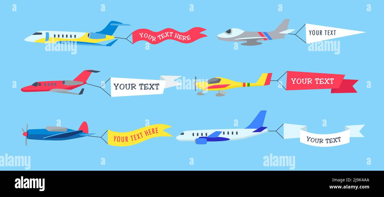 Flugzeuge in Himmel mit Bannern für Text Cartoon Illustration Set. Flugzeug, Flugzeug, Fluggesellschaft, Doppeldecker fliegen mit Werbebändern, Fahnen. Fliegende Ader Stock Vektor