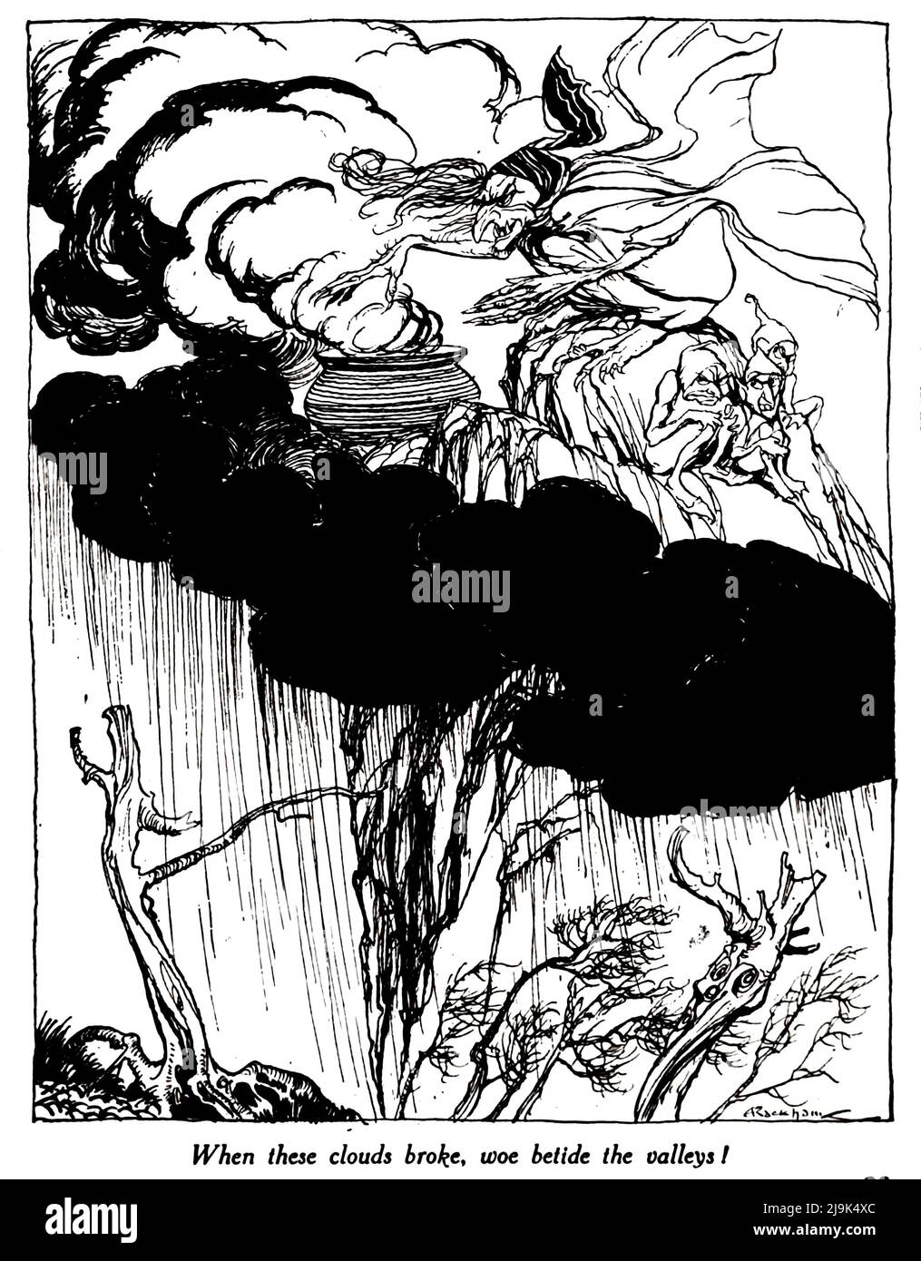 Wehe den Tälern, als diese Wolken brachen, aus dem Buch ' Rip Van Winkle ' von Washington Irving, 1783-1859; illustriert von Arthur Rackham, 1867-1939 Erscheinungsdatum 1919 Herausgeber New York Doubleday, Page 'Rip Van Winkle' ist eine Kurzgeschichte des amerikanischen Autors Washington Irving, die erstmals 1819 veröffentlicht wurde. Es folgt einem niederländisch-amerikanischen Dorfbewohner im kolonialen Amerika namens Rip Van Winkle, der geheimnisvolle Holländer trifft, ihren Schnaps aufnimmt und in den Catskill Mountains einschläft. Er erwacht 20 Jahre später zu einer sehr veränderten Welt, nachdem er die amerikanische Revolution verpasst hatte. Stockfoto