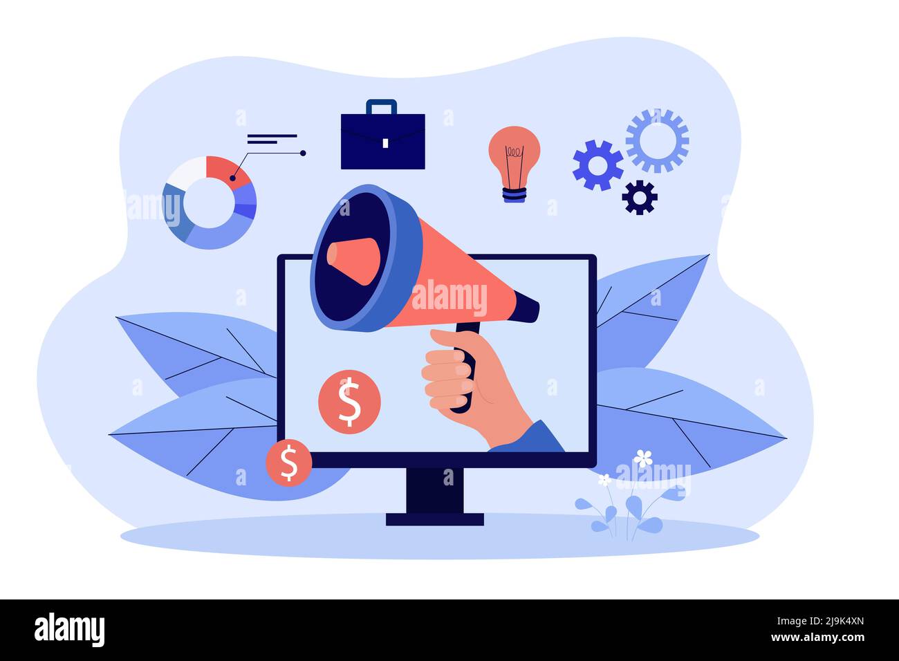 Analyse von Geschäftsdaten und handliches Megaphon. Computerbildschirm, intelligentes Marketing, digitale flache Vektordarstellung für Zahlungen. Internet, Kommunikation Stock Vektor