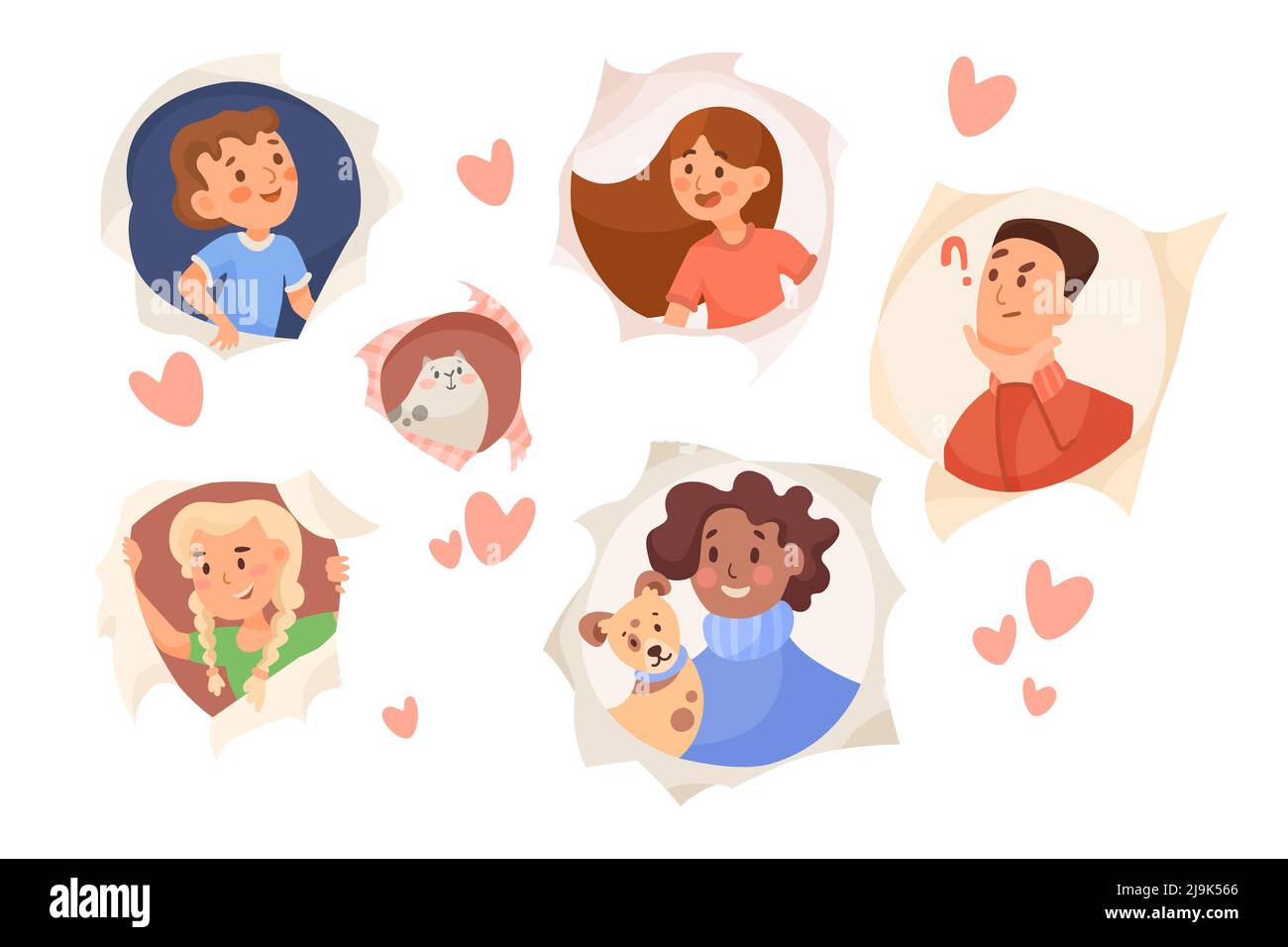Cartoon Menschen suchen durch Löcher Vektor Illustrationen Set. Männer, Frauen und Kinder mit Haustieren, die auf weißem Hintergrund durch zerrissenes Papier zeigen Stock Vektor