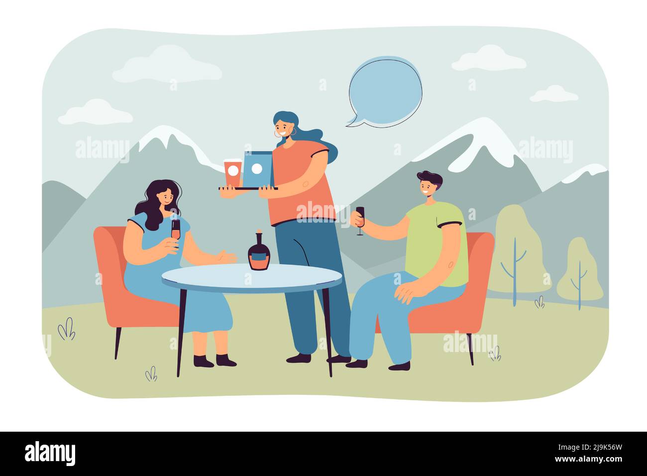 Paar besuchen im Freien Café flache Vektor-Illustration. Der Kellner serviert Mann und Frau und bringt Essen im Hintergrund des Berges. Datum, Liebeskonzept für b Stock Vektor