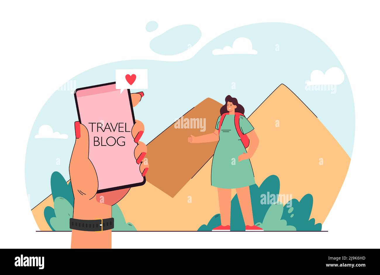 Hand einer Frau mit Telefon und Reise-Blog auf dem Bildschirm. Bloggerin in Ägypten flache Vektor-Illustration. Kommunikation, Social Media, Reiseconce Stock Vektor