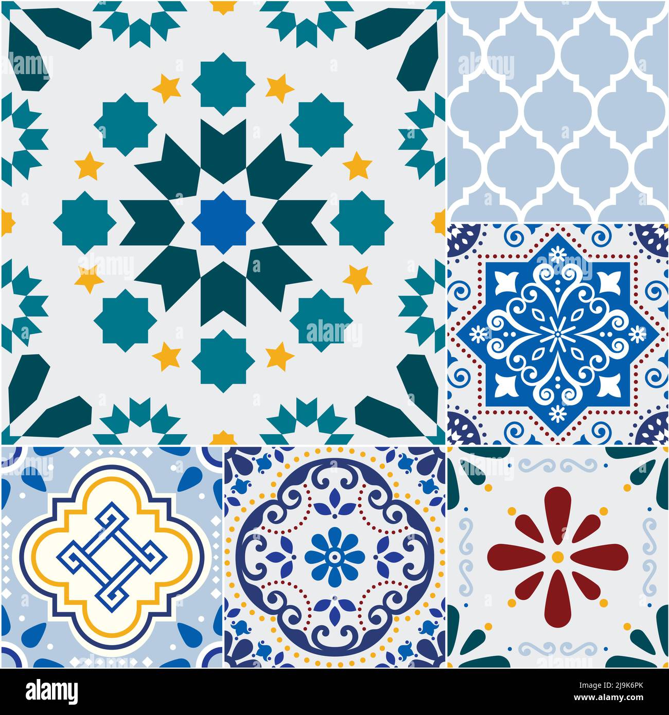Mosaic Azulejo Portugiesisches oder spanisches Fliesendesign nahtloses Vektormuster - Dekoration in verschiedenen Kachelgrößen, inspiriert von Kunst aus Portugal oder Spanien Stock Vektor
