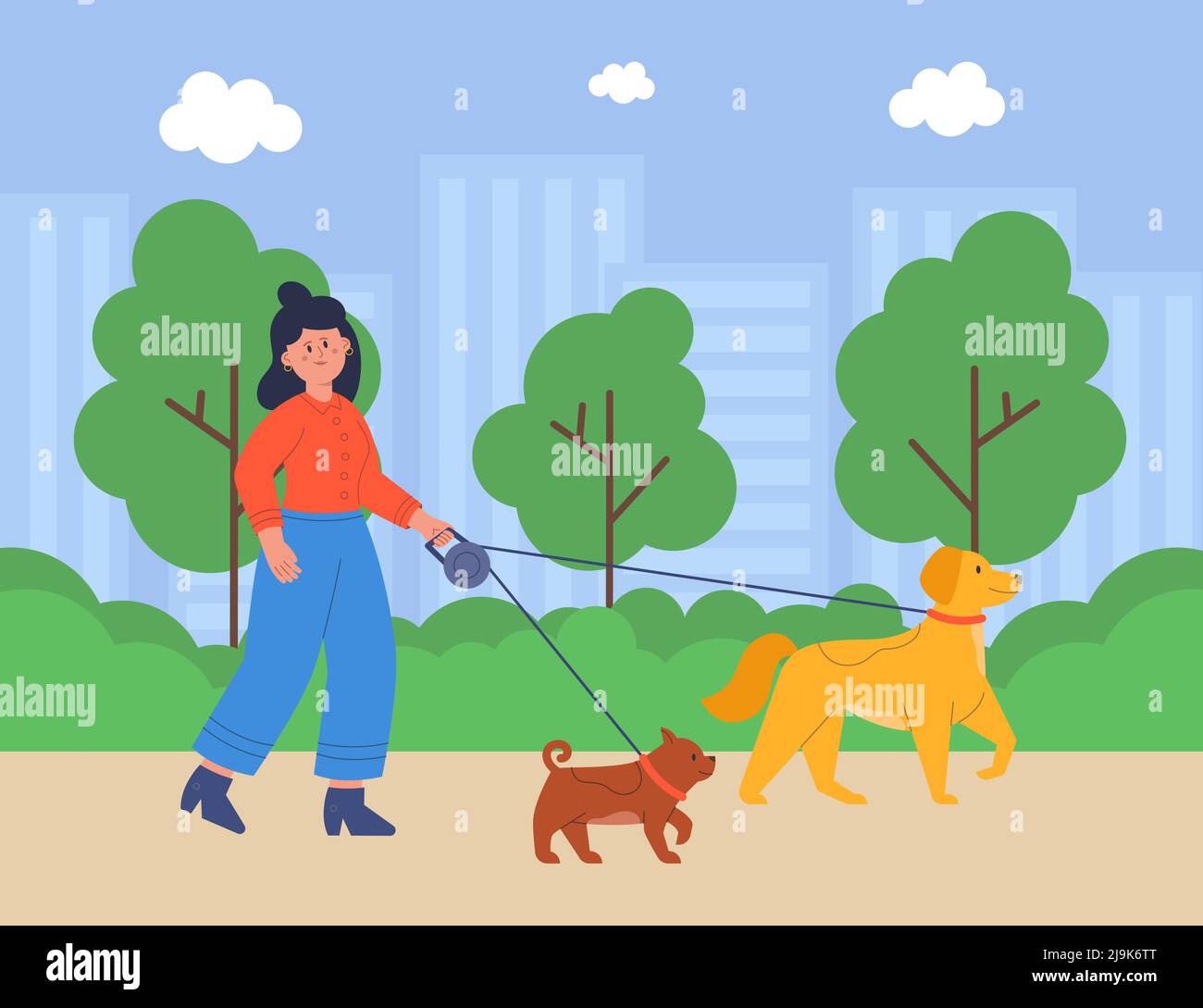 Happy Cartoon Frau auf zwei niedlichen Hunden im Park zu Fuß. Junge Besitzer auf Spaziergang mit Haustieren flache Vektor-Illustration. Haustiere, gesunder Lebensstil Konz Stock Vektor