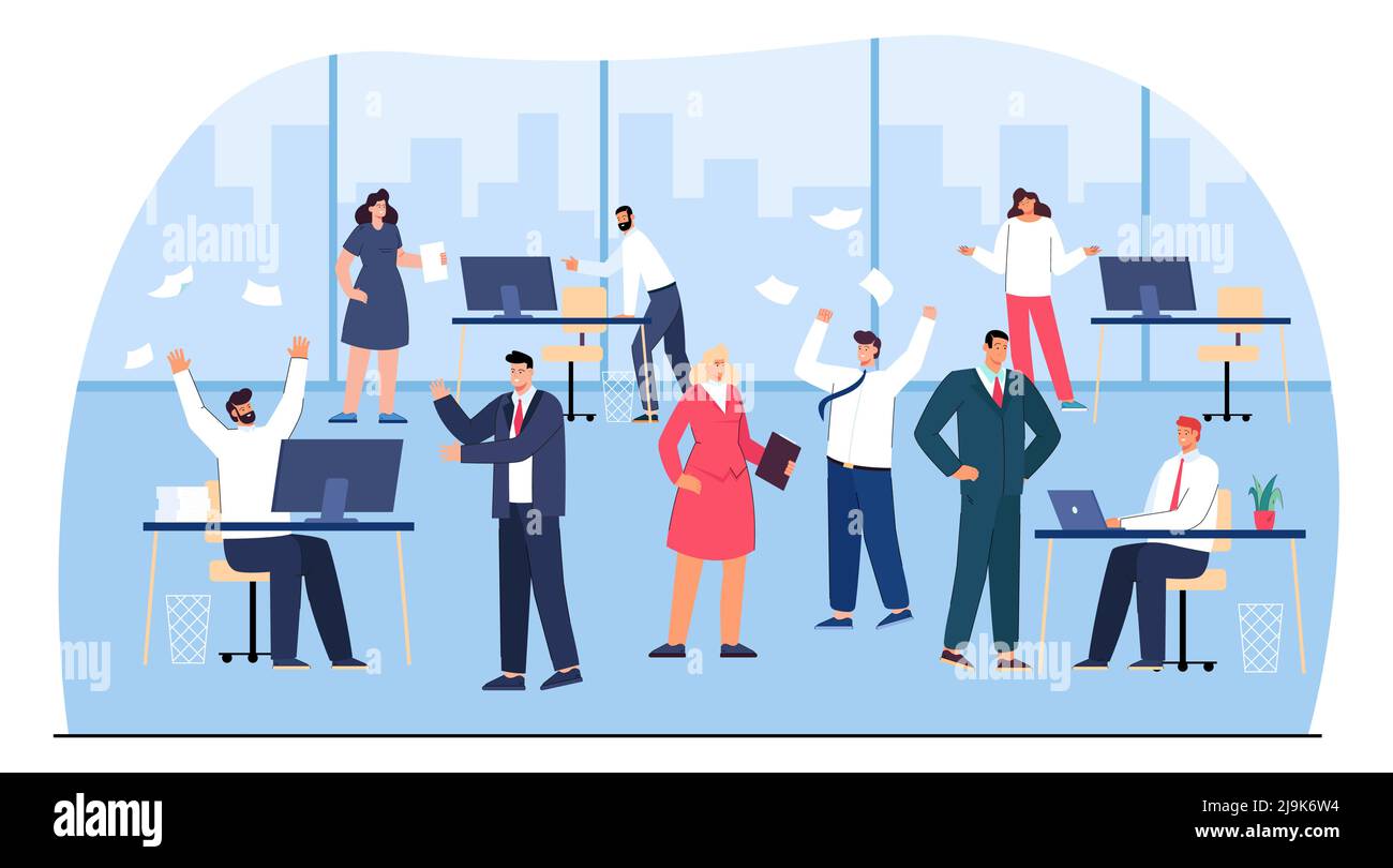Faule und unorganisierte Büroleute, die Chaos und Probleme verursachen. Lustige chaotische Charaktere an Computertischen flache Vektor-Illustration. Konflikt, Chaos, wo Stock Vektor