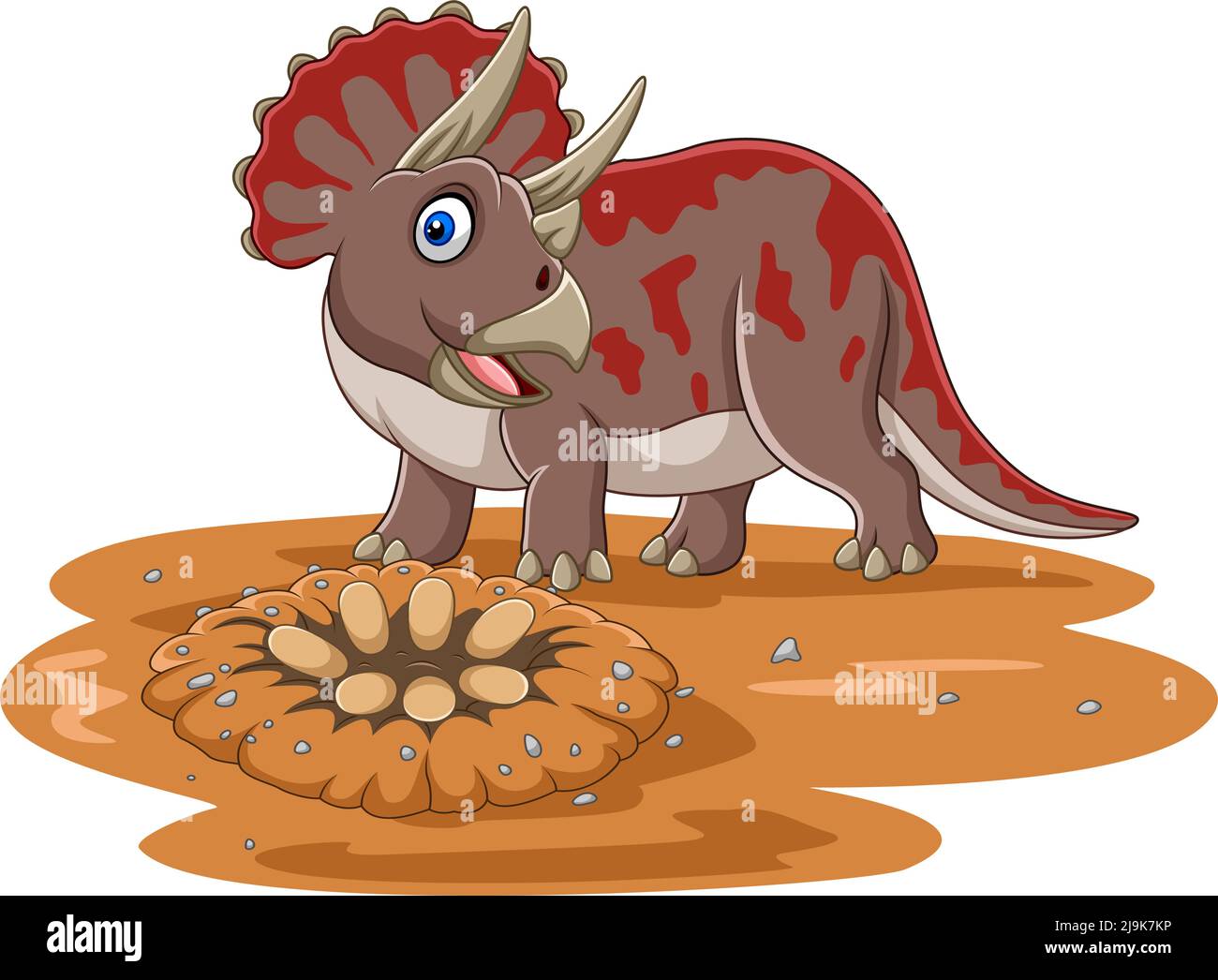 Cartoon Triceratops Dinosaurier mit Eiern auf dem Feld Stock Vektor