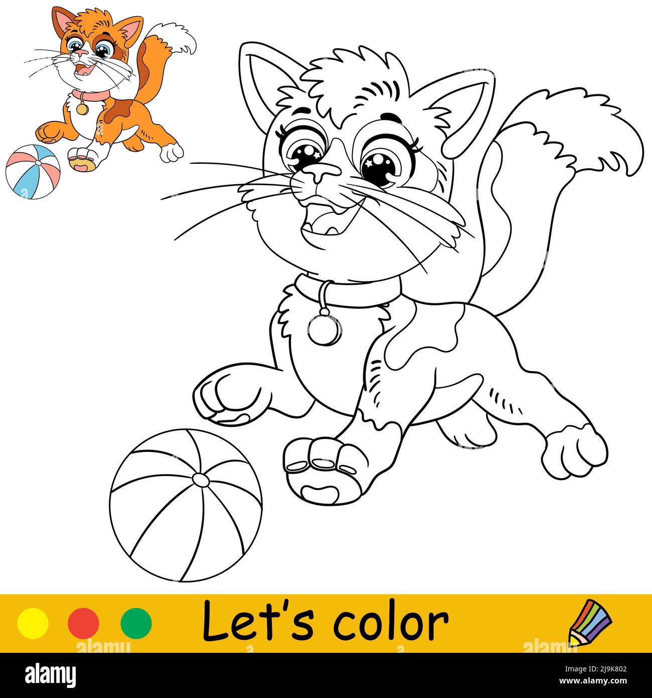 Cartoon nette lustige Katze spielt mit einem Ball. Malbuch Seite mit bunten Vorlage für Kinder. Vektor-isolierte Illustration. Für Malbuch, drucken Stock Vektor